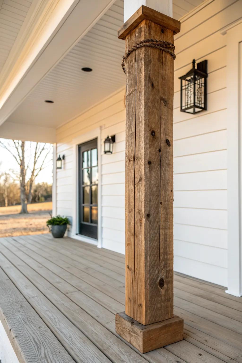 A reclaimed timber porch post adds instant warmth and intention to a ranch entry.