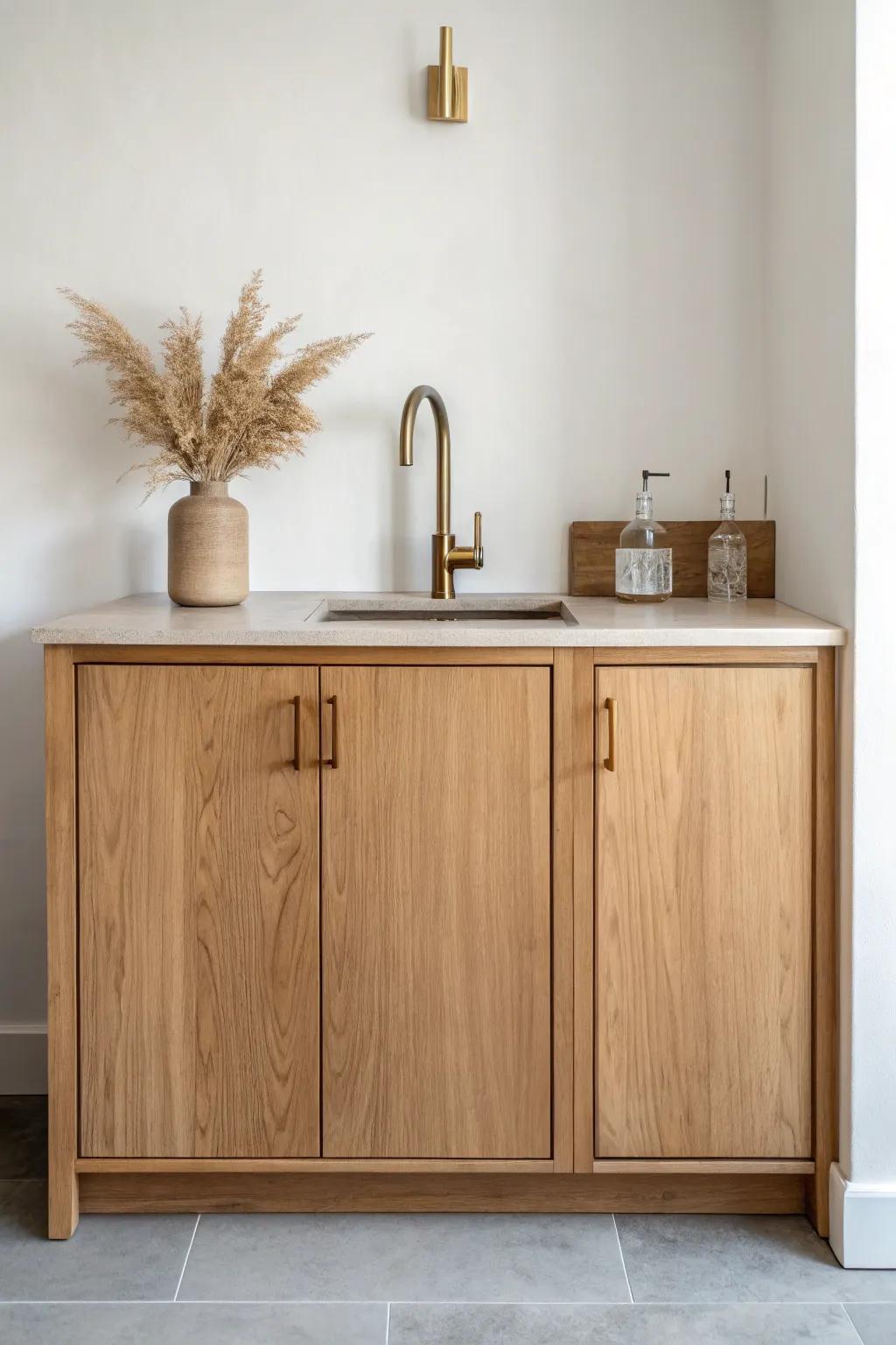 Built-in wet bar with sturdy base cabinets, a compact sink, and a bold wood countertop edge.