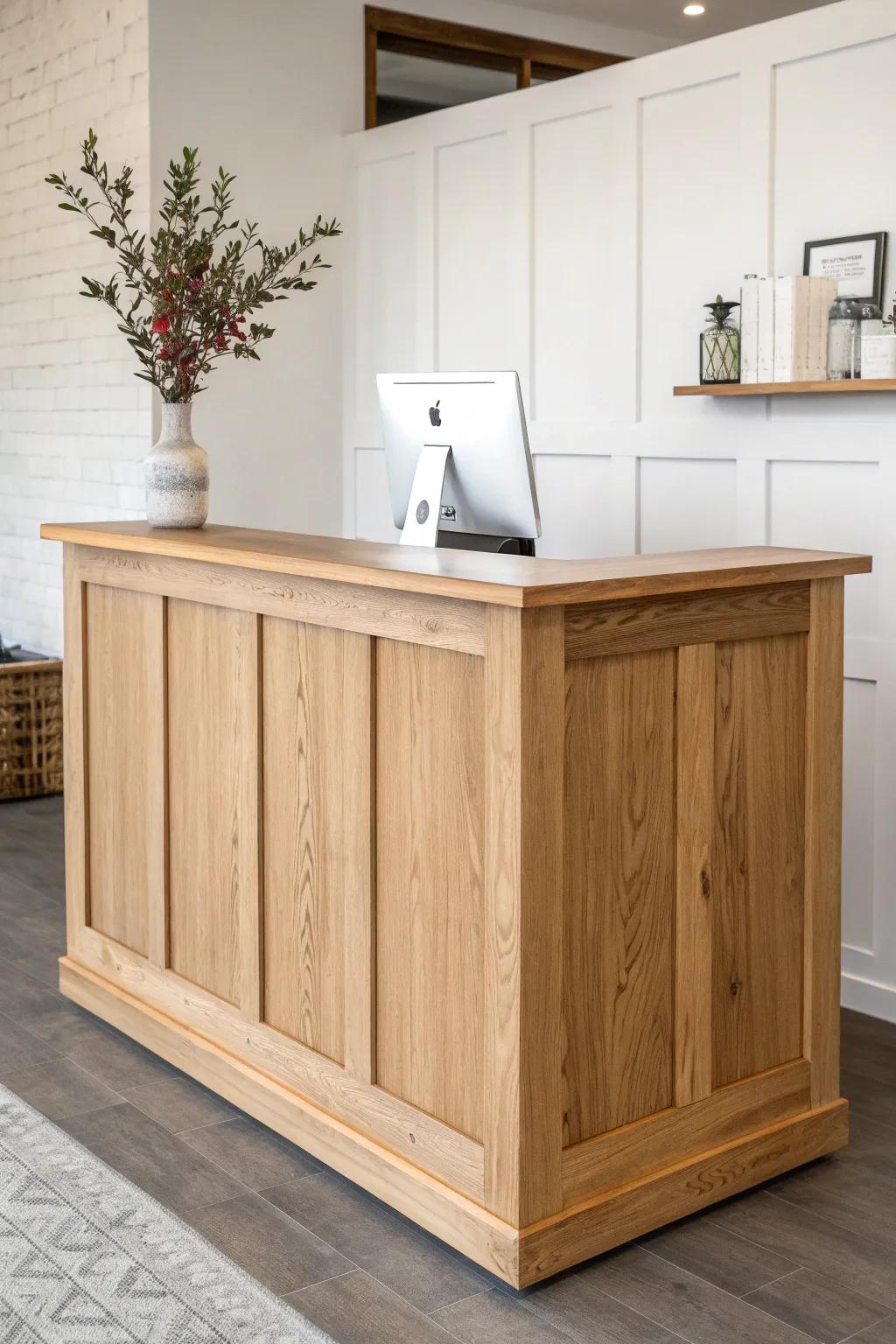 Classic white oak reception desk with clean lines, warm grain, and a professional toe-kick.