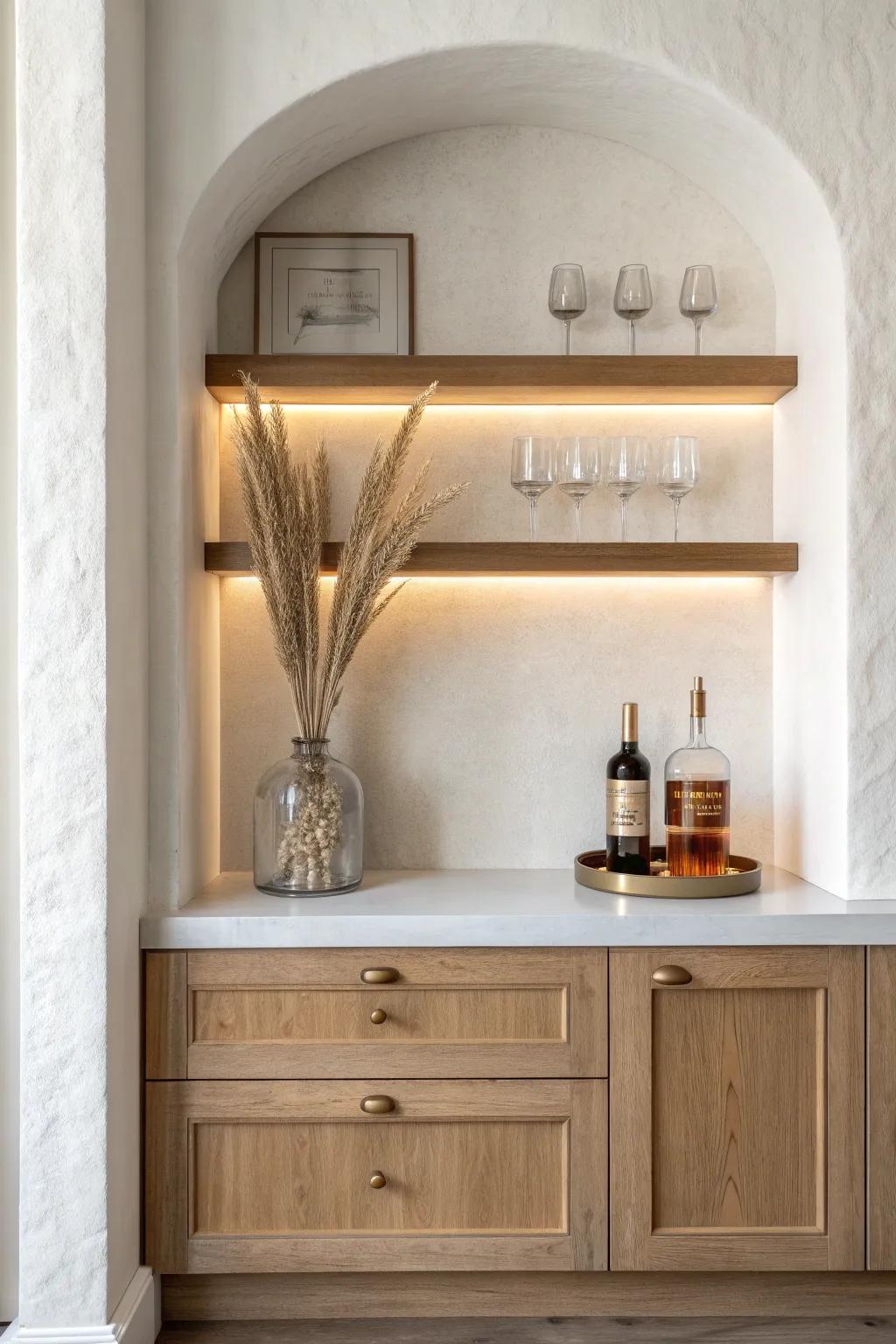 A built-in recessed bar niche with oak base cabinets—minimal, warm, and beautifully intentional.