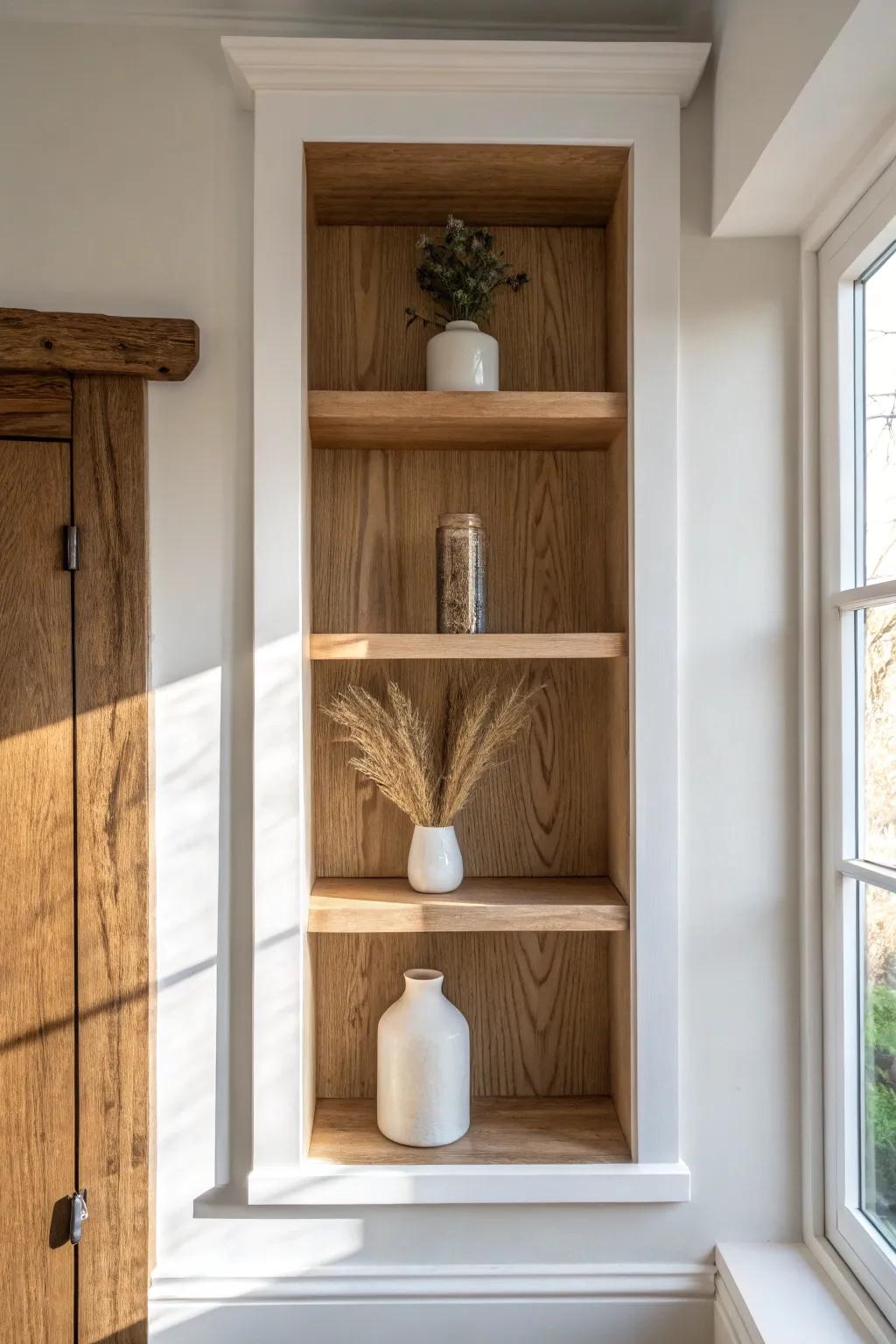 Timeless drywall niche with flush solid oak shelves—minimal, warm, and built-in perfect.