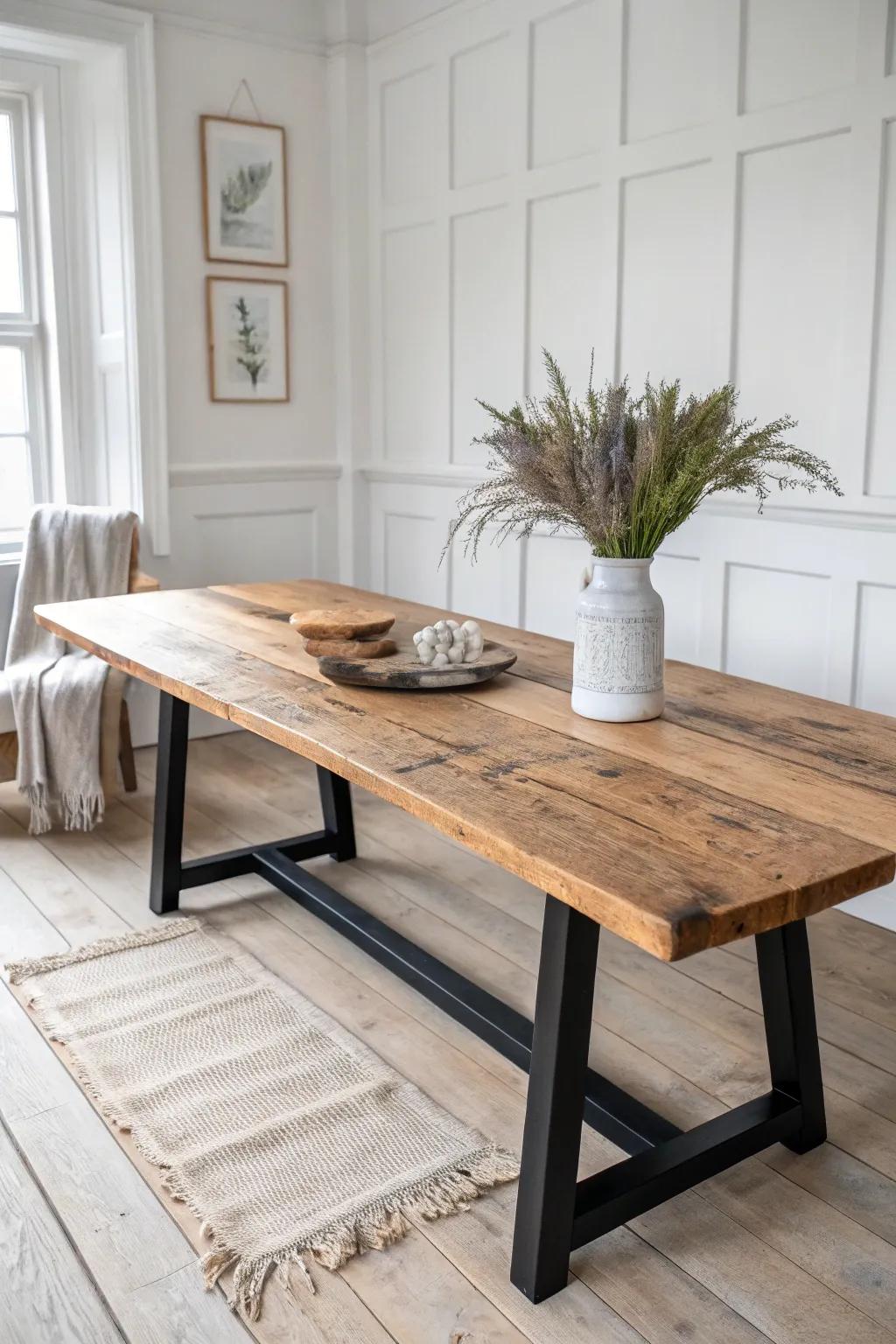 Reclaimed farmhouse dining table with visible saw marks—simple base, bold grain, cozy warmth.