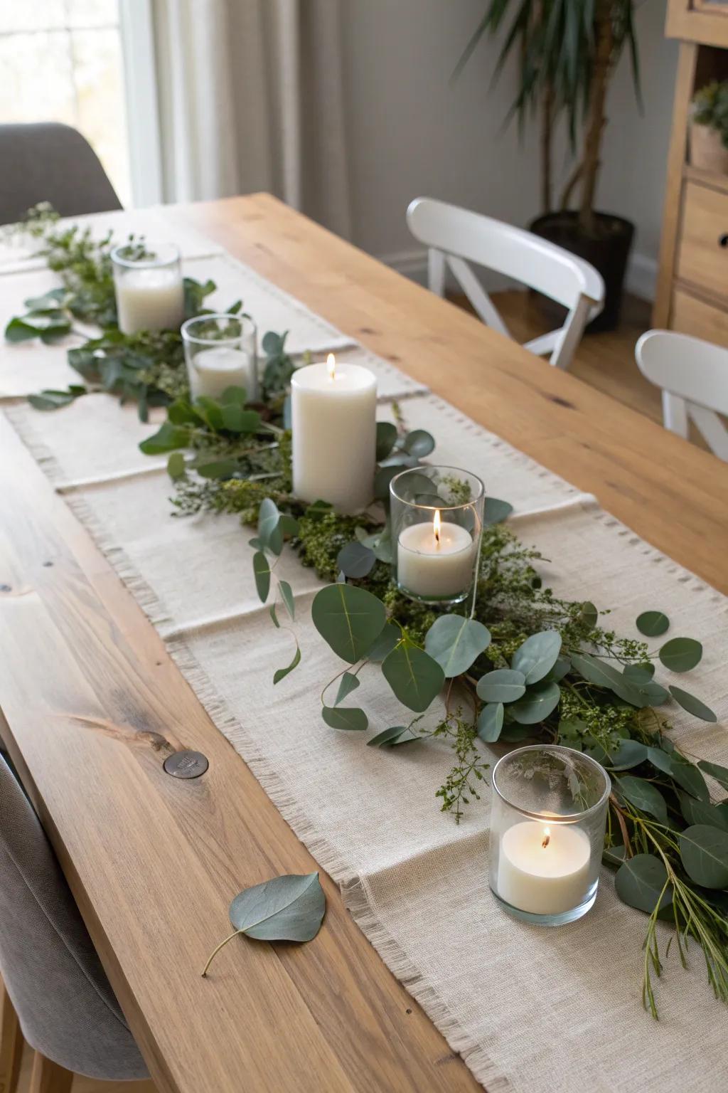 A greenery runner and evenly spaced candles create a calm, conversation-friendly rhythm.