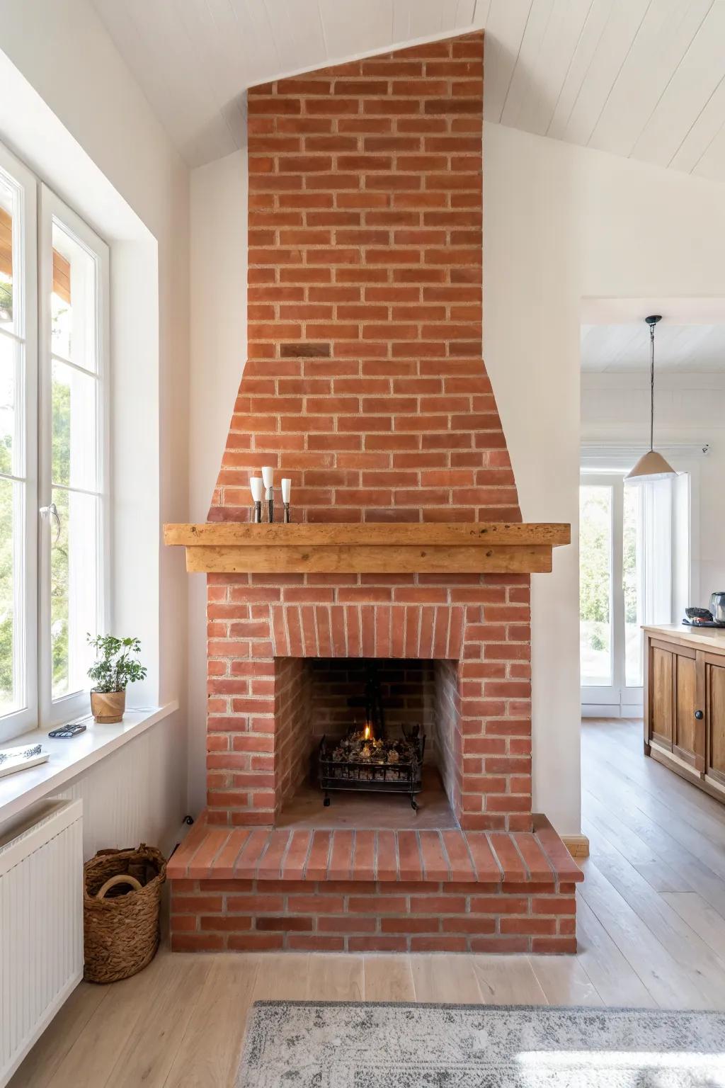 Warm white walls make a red brick fireplace feel lighter—turning it into a cozy terracotta focal point.
