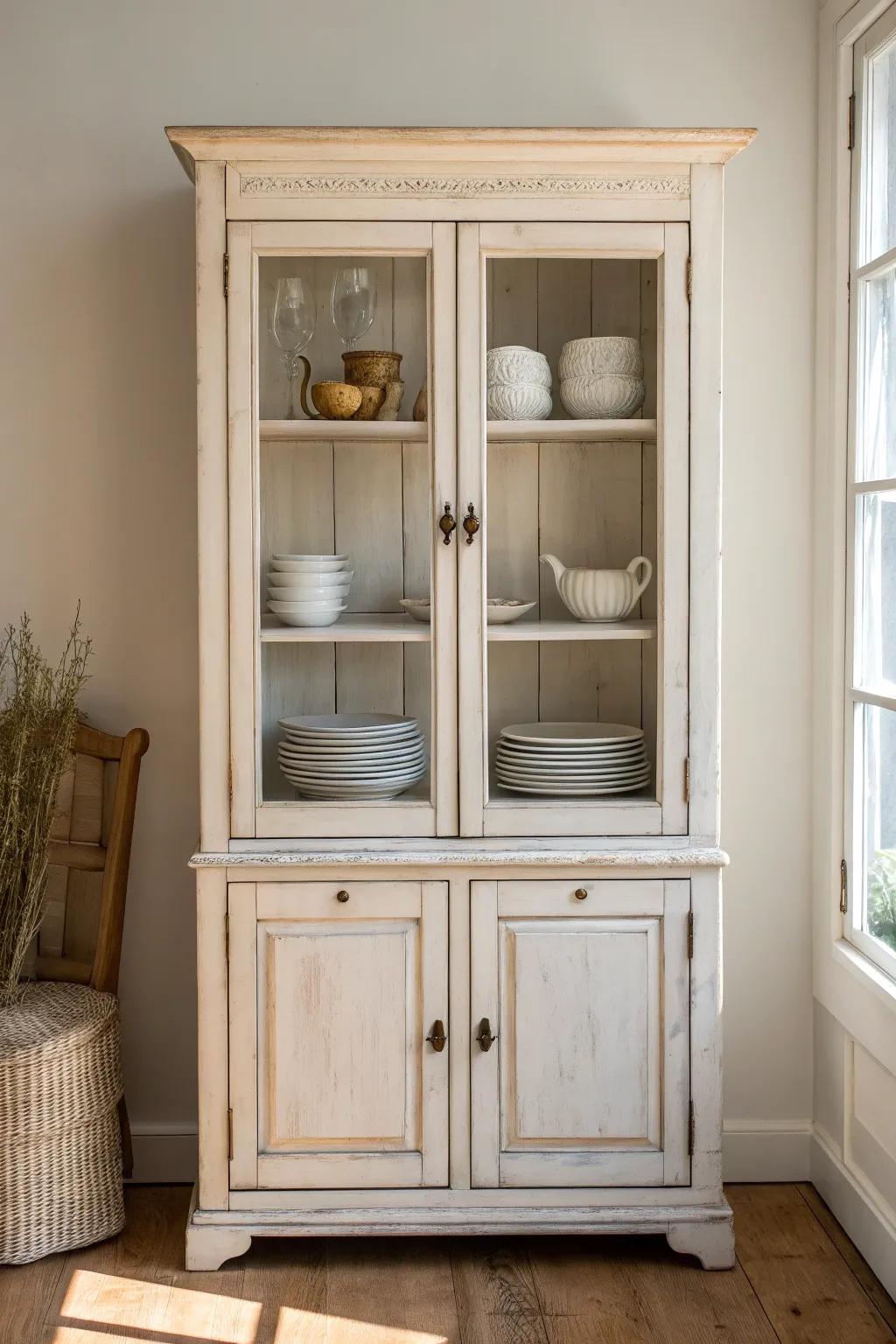 Warm white paint and softly sanded edges turn a china cabinet into a cozy, airy focal point.