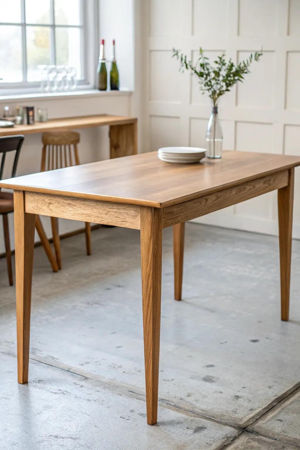 Classic oak two-top: clean lines, chunky legs, and timeless strength for busy dining rooms.