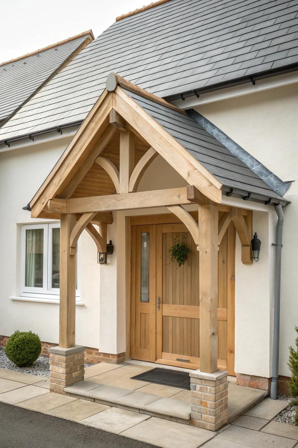 A timeless gable portico in natural wood—clean lines, perfect symmetry, and rain-ready charm.