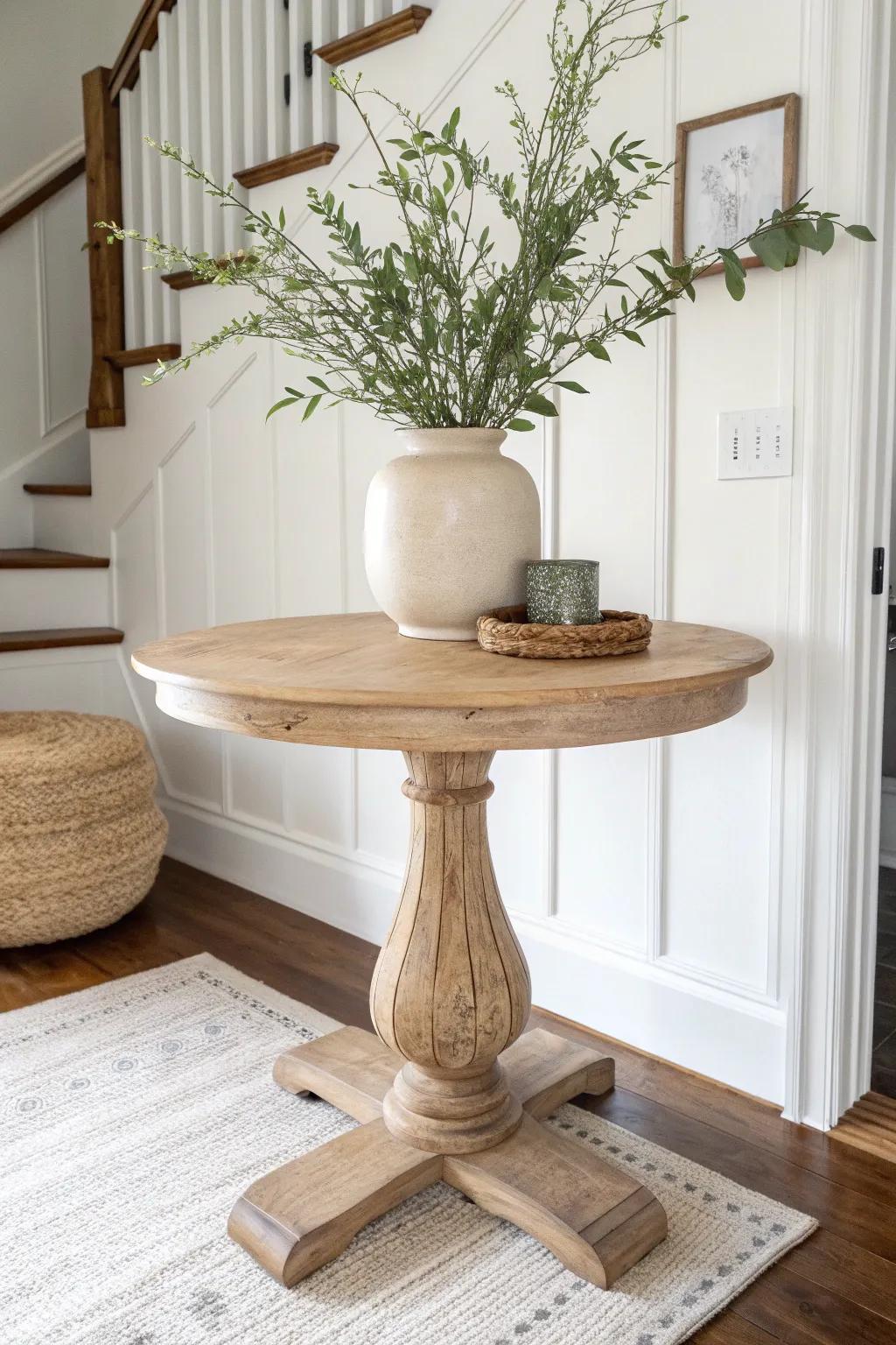 Classic round pedestal table with tall greenery—simple, sculptural, and full of warm wood grain.