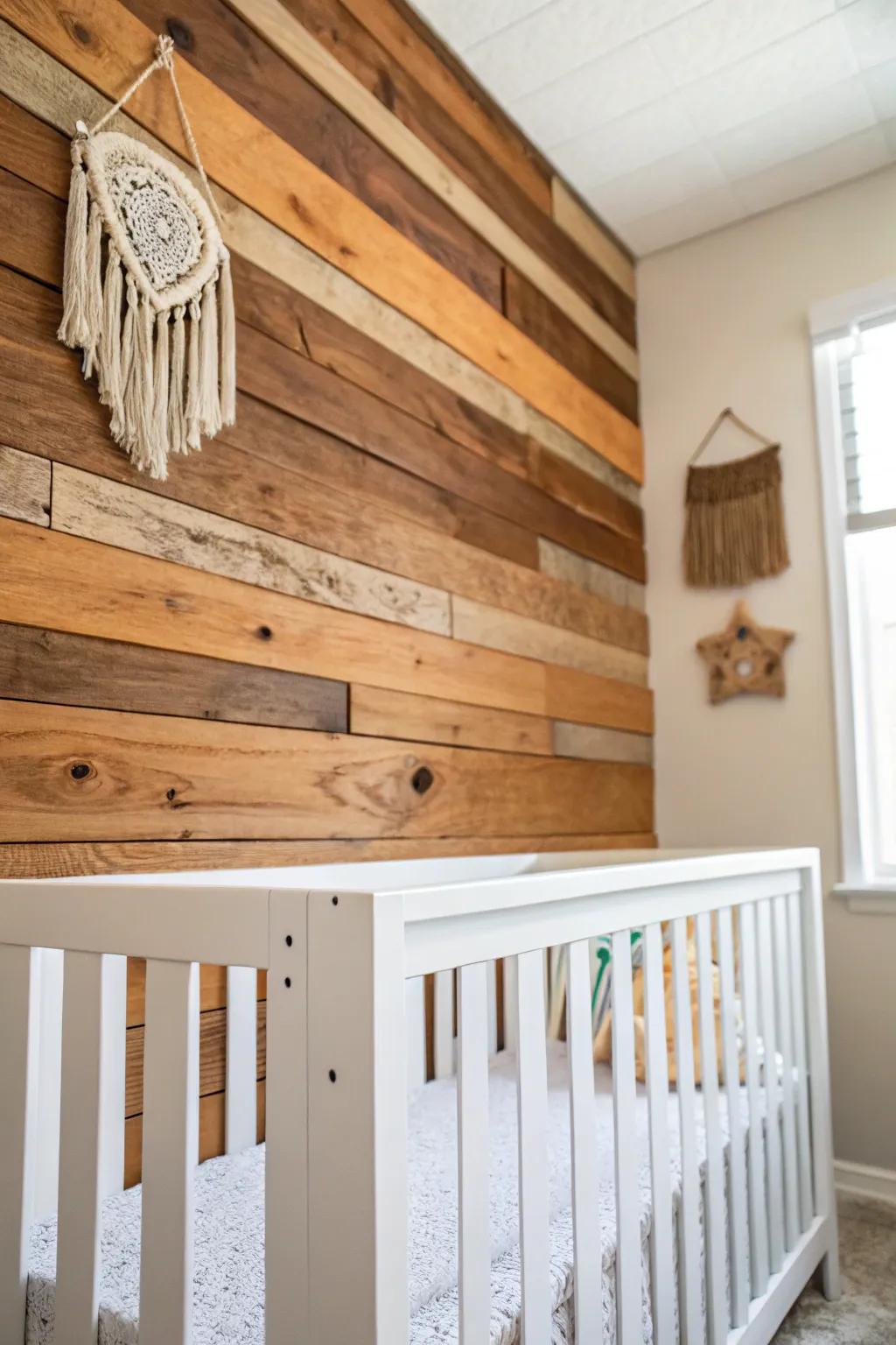 Reclaimed wood accent wall warmth—simple, matte, and perfectly rustic behind the crib.