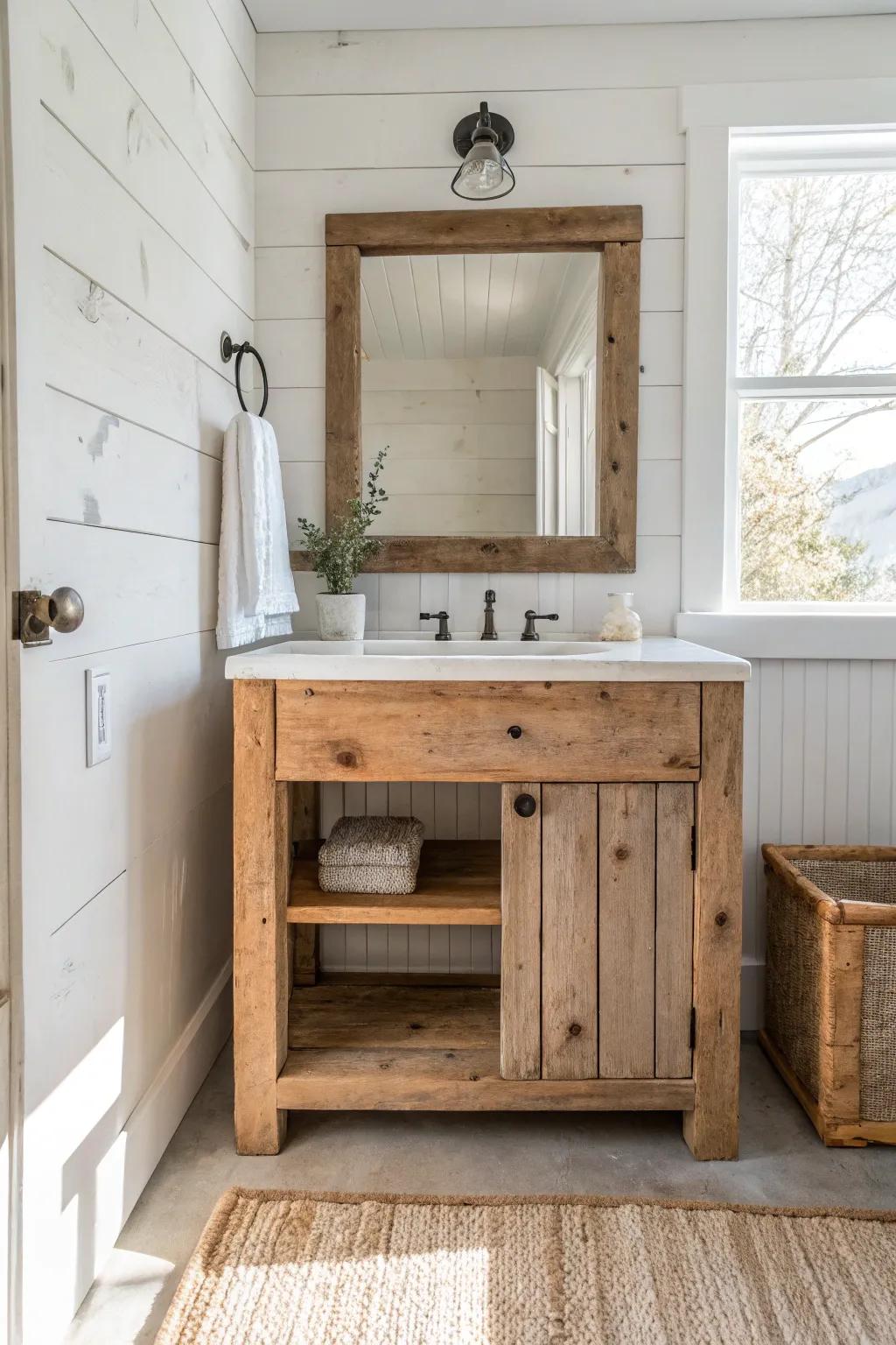 Reclaimed wood vanity base with rustic knots—sealed matte for a calm farmhouse bathroom.