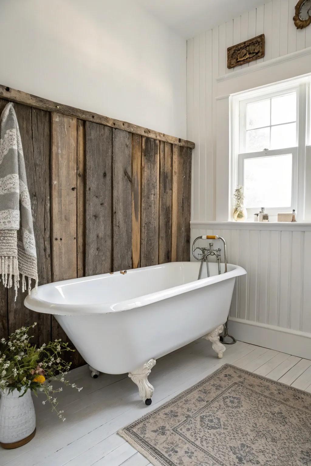A classic clawfoot tub pops against weathered wood—rustic, cozy, and effortlessly chic.