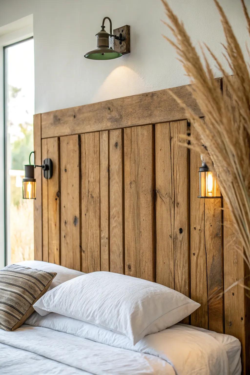 Reclaimed wood headboard + matching sconces: warm, balanced light for cozy couples’ nights