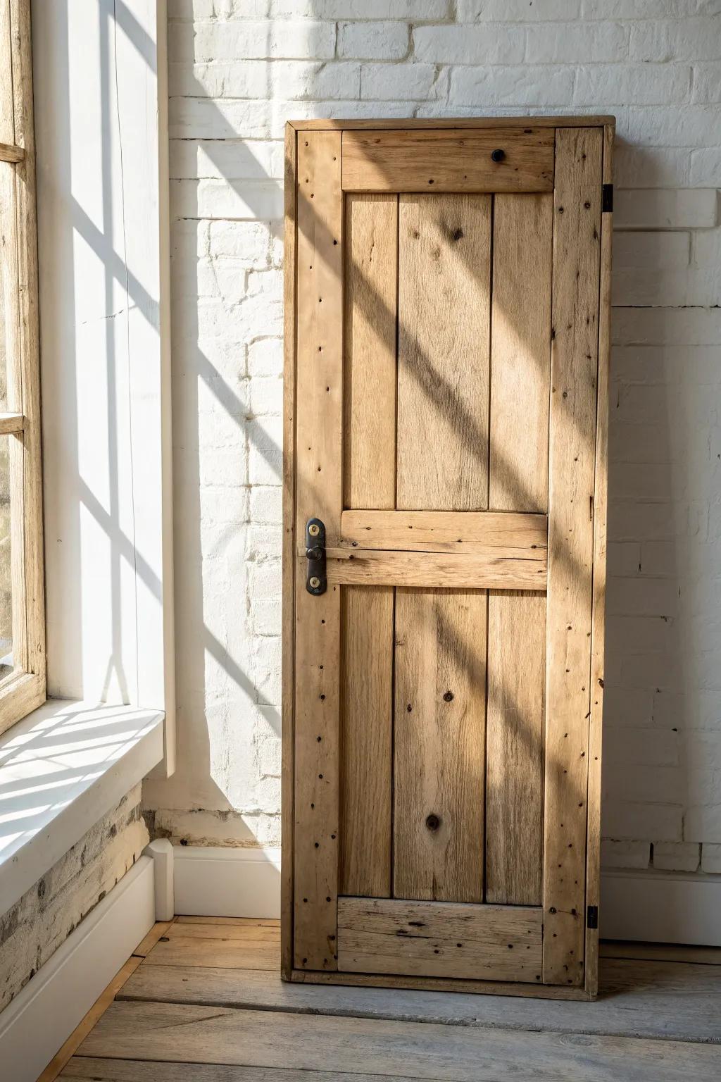 Reclaimed wood cabinet fronts with nail holes and saw marks—instant rustic character.