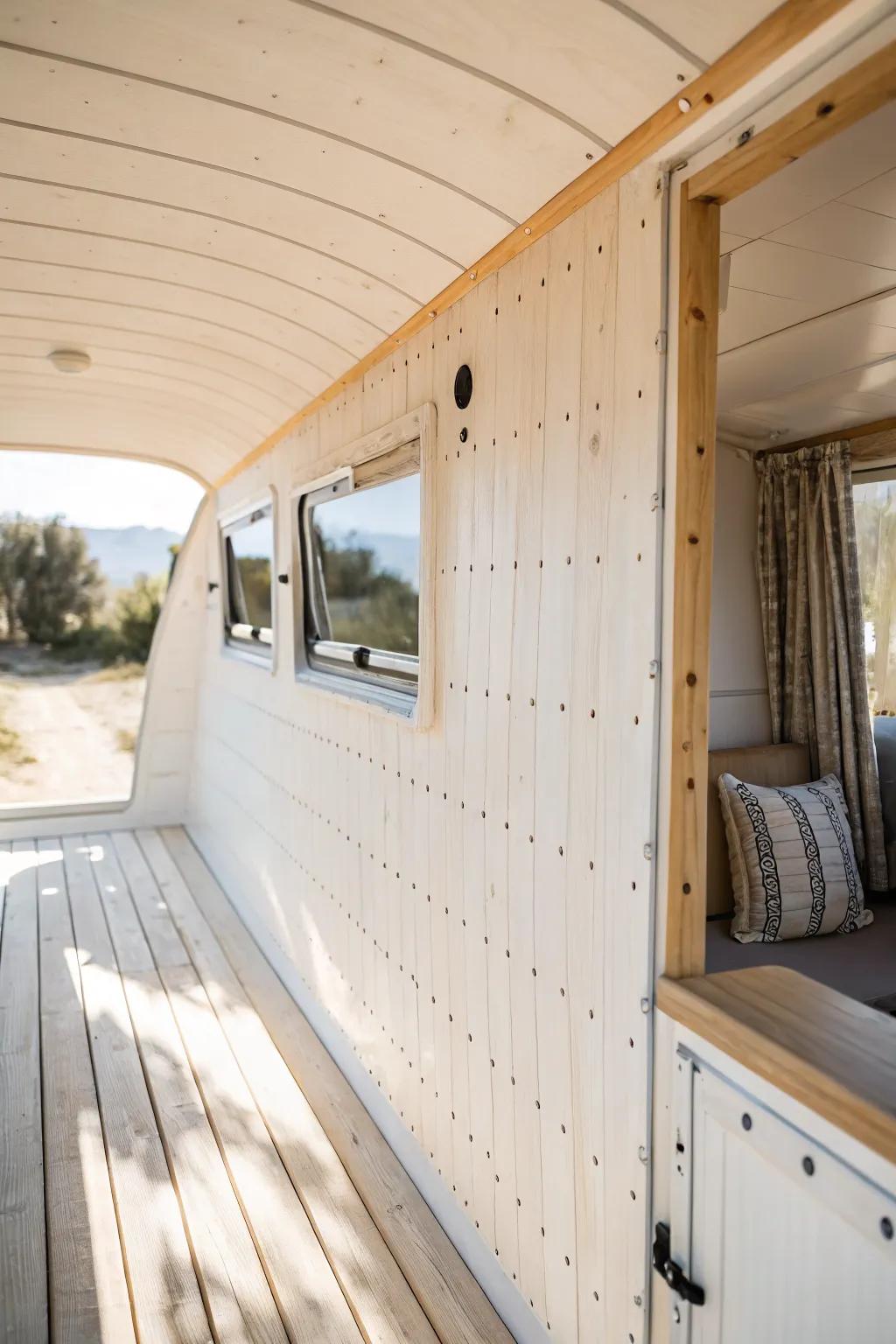 Tongue-and-groove pine walls turn a small camper into a bright, cabin-like retreat.