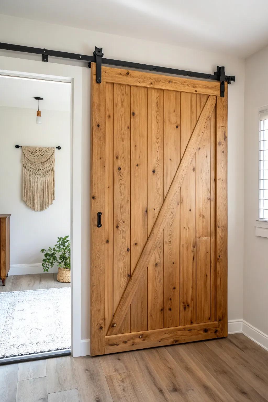 Classic sliding barn door in knotty pine with matte black iron hardware—warm, simple, timeless.