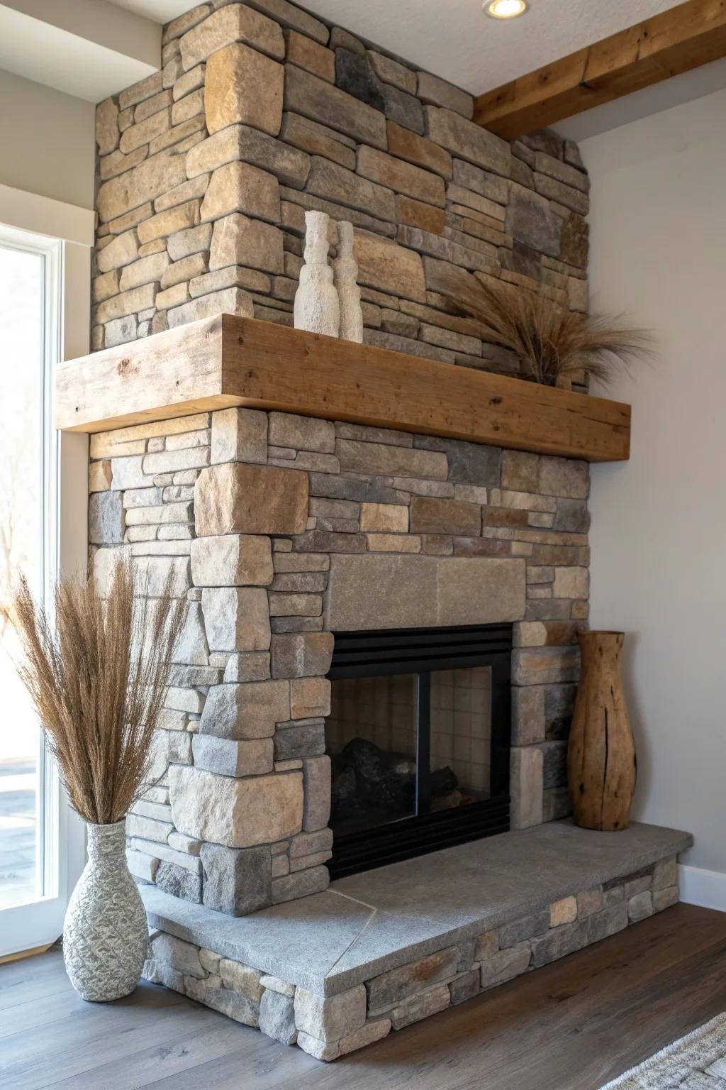 Stacked stone corner fireplace with a rough-sawn reclaimed beam mantel—pure rustic warmth.