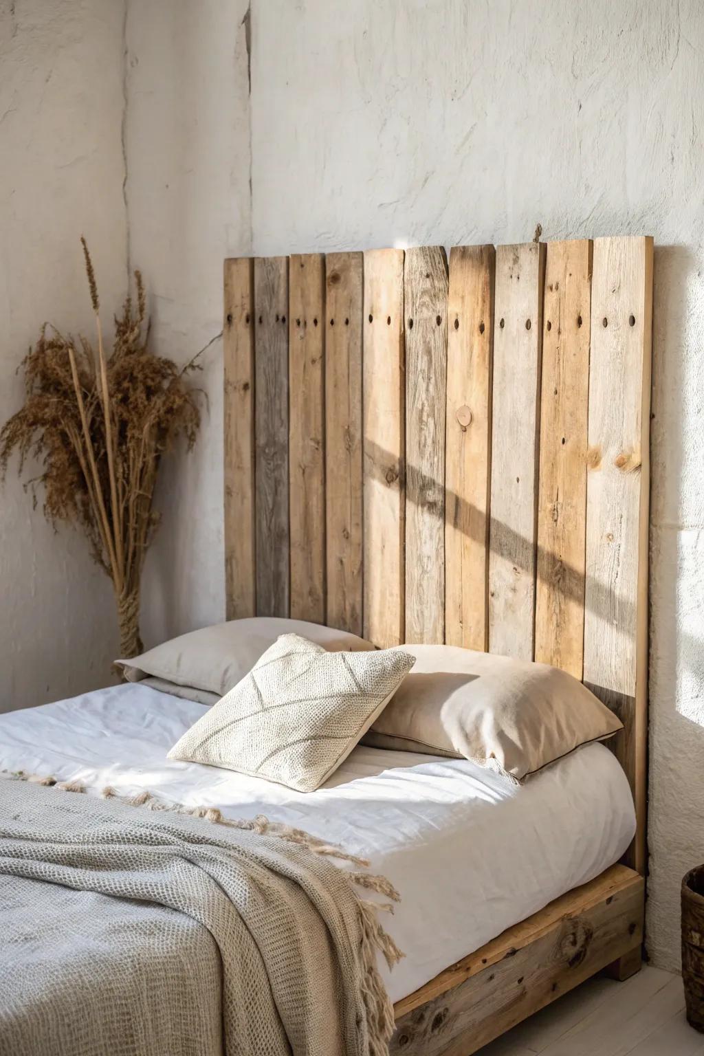 Reclaimed wood headboard with weathered nail holes—an instant rustic country statement piece.