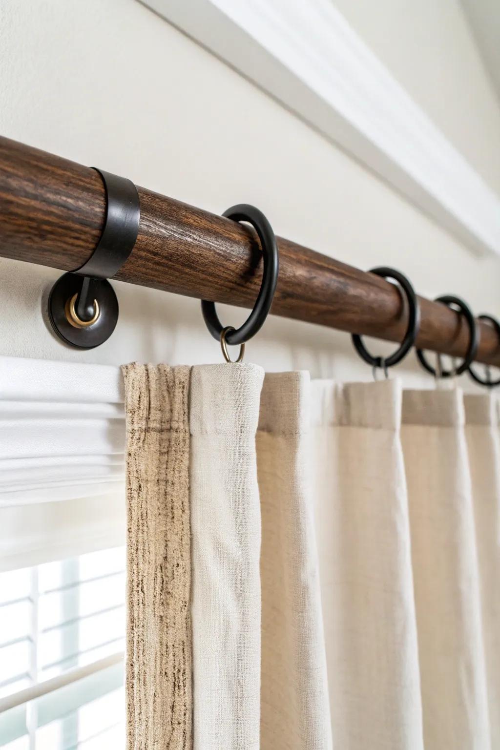 Dark-stained wood dowel + simple brackets—an easy rustic curtain rod upgrade with farmhouse charm.