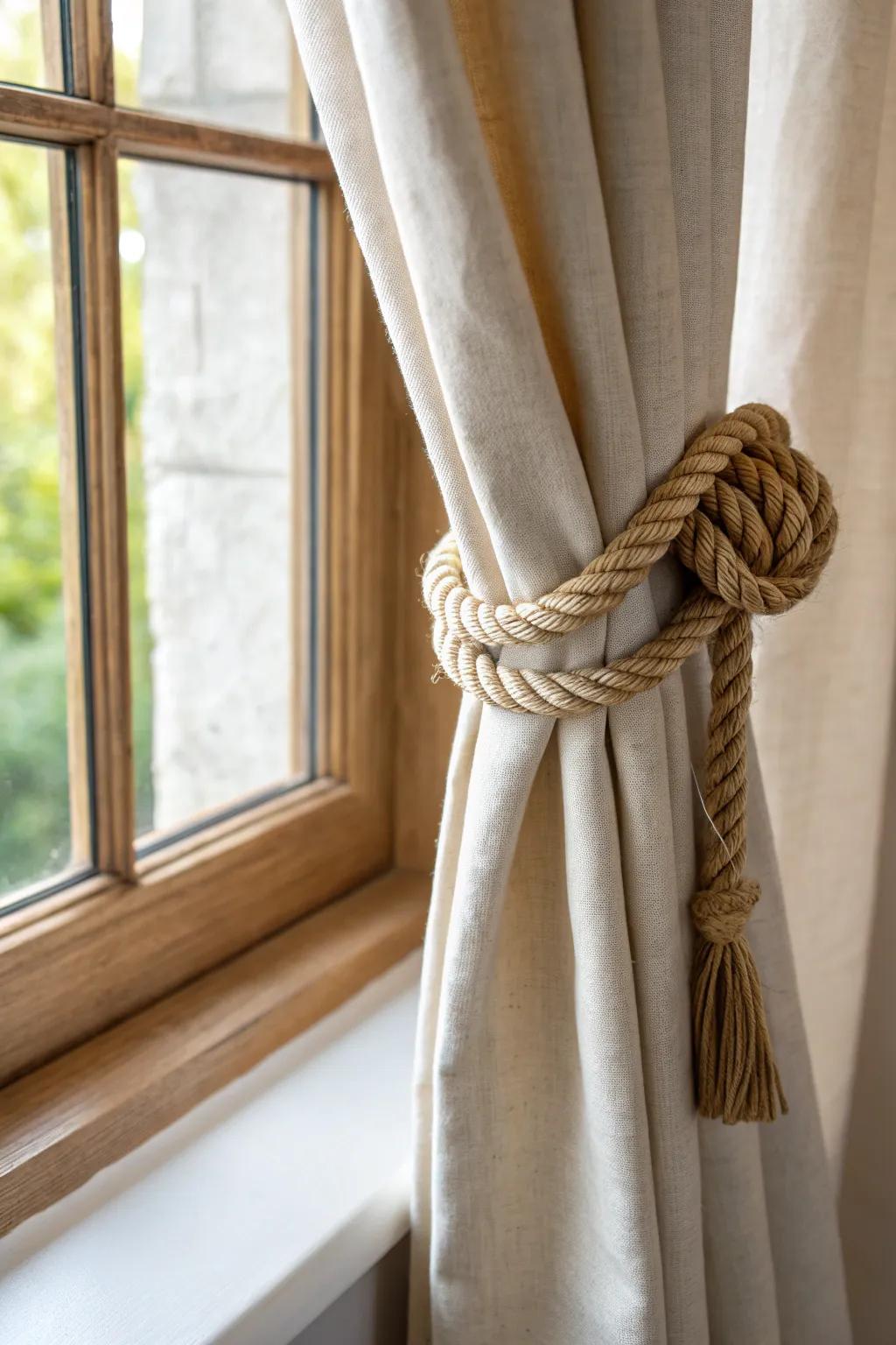 Thick jute rope + a simple knot: the easiest rustic tieback for cozy linen curtains.