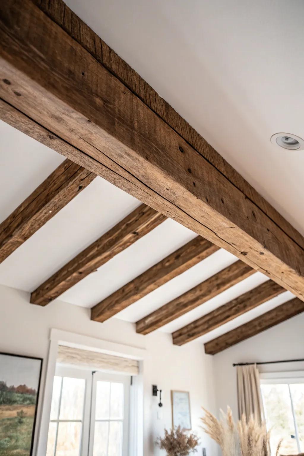 Warm reclaimed-wood ceiling beam adds instant cabin charm—rustic, minimal, beautifully imperfect.
