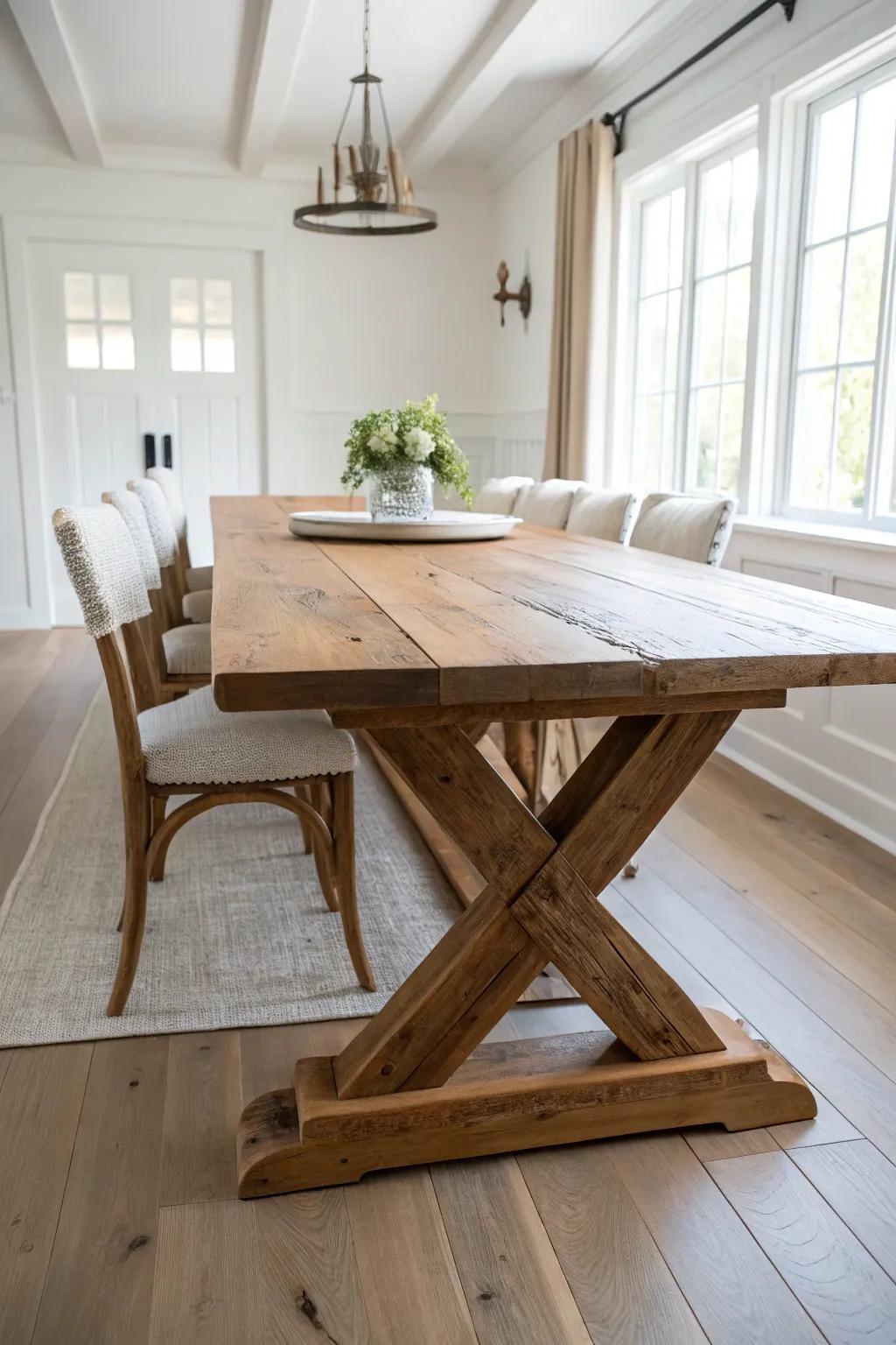 A reclaimed wood trestle table with rich grain that instantly anchors a rustic dining room.