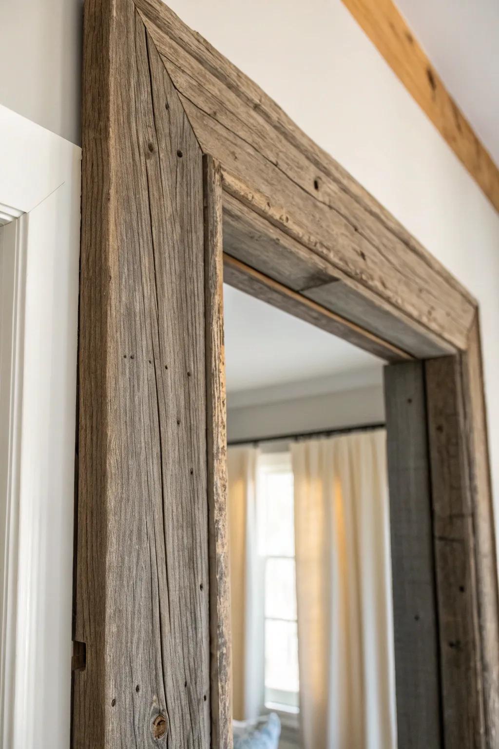 Reclaimed barn wood door casing adds instant patina—rustic texture against crisp white walls.