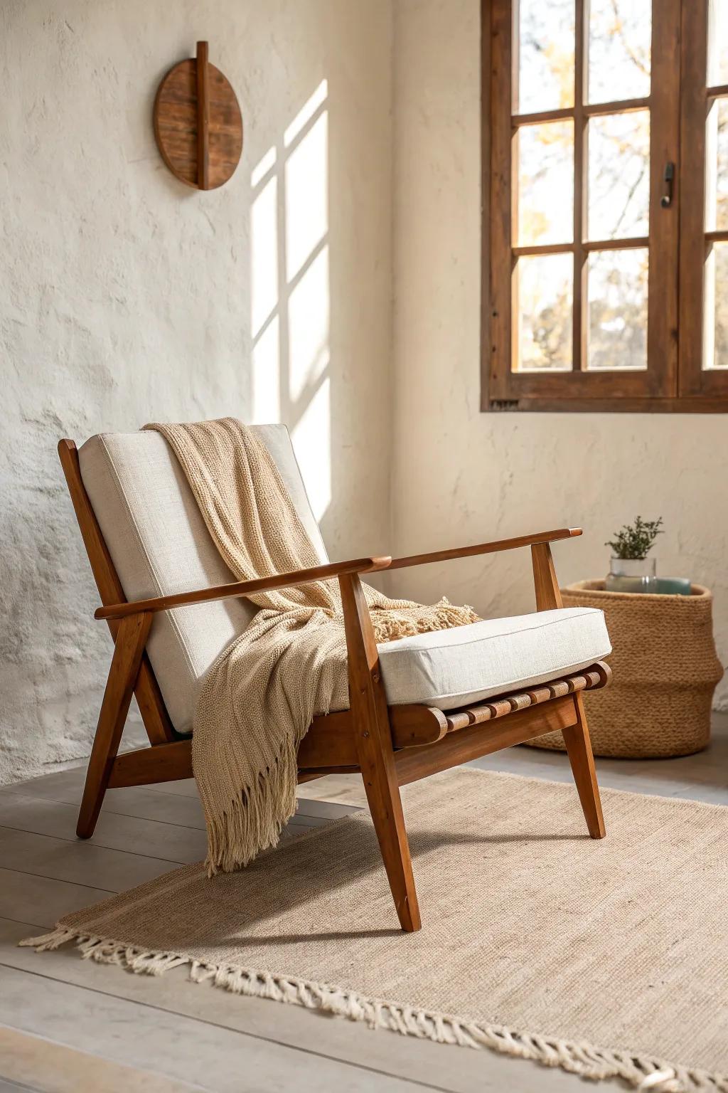 Layered neutrals meet warm wood: a sun-baked oak chair styled with cream and tan textiles.