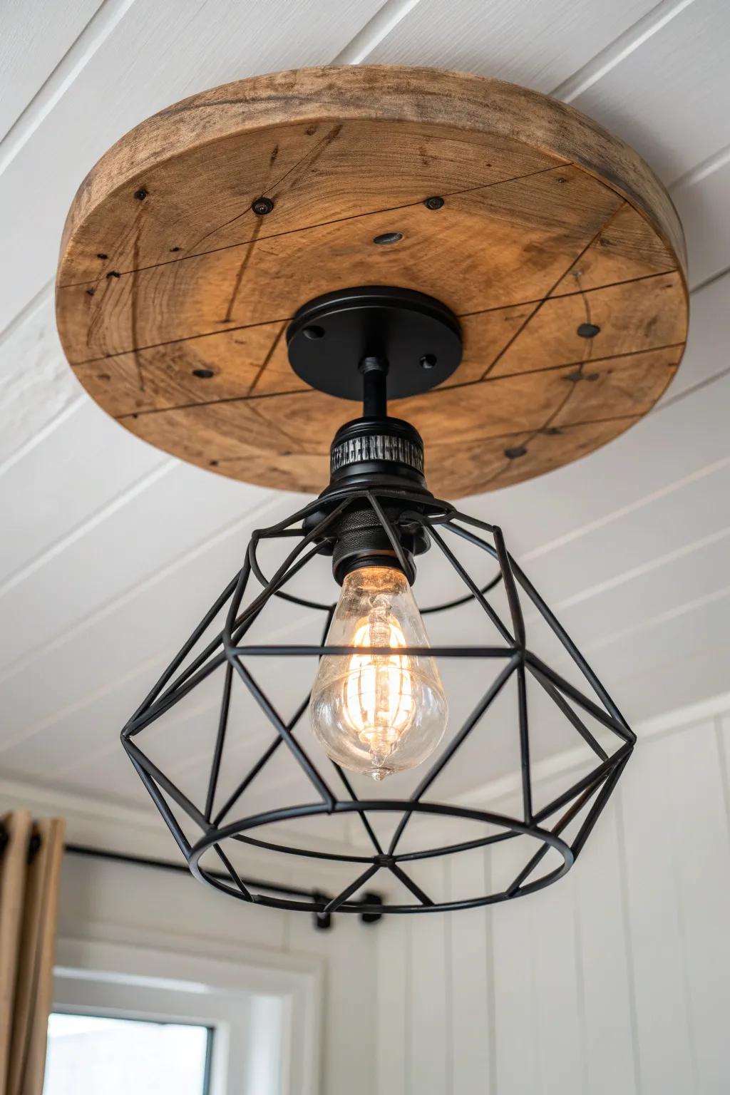 Black cage + reclaimed wood base: a foolproof rustic flush mount with warm, inviting glow.