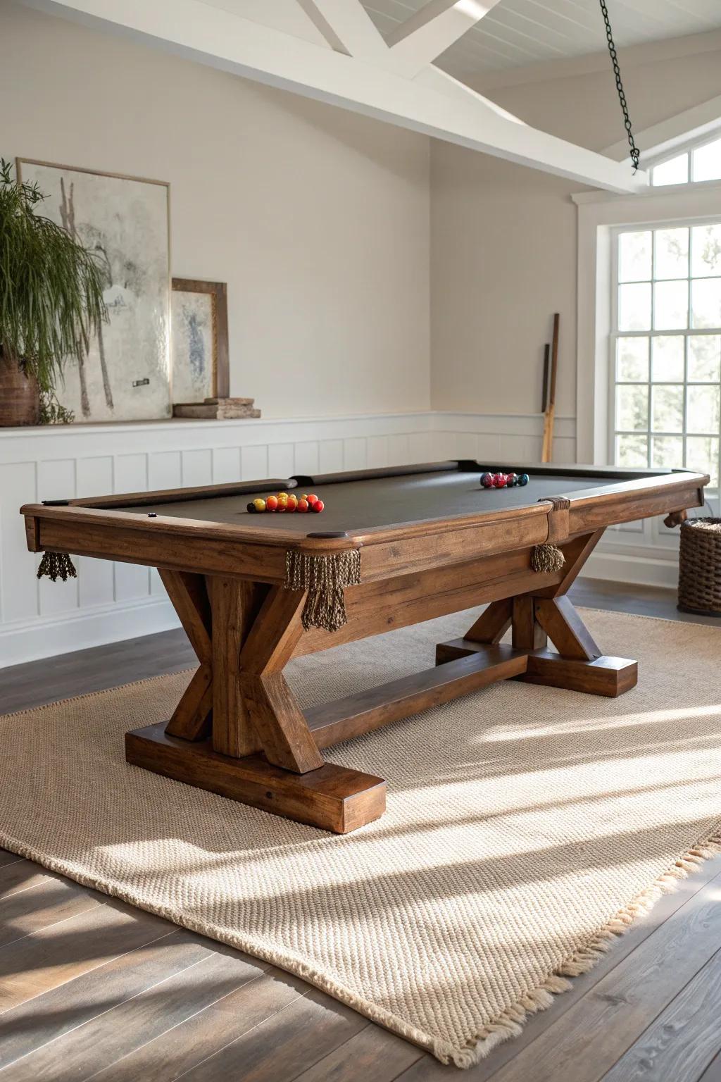 A statement solid-wood pool table with deep stain and bold grain—instant rustic lodge mood.
