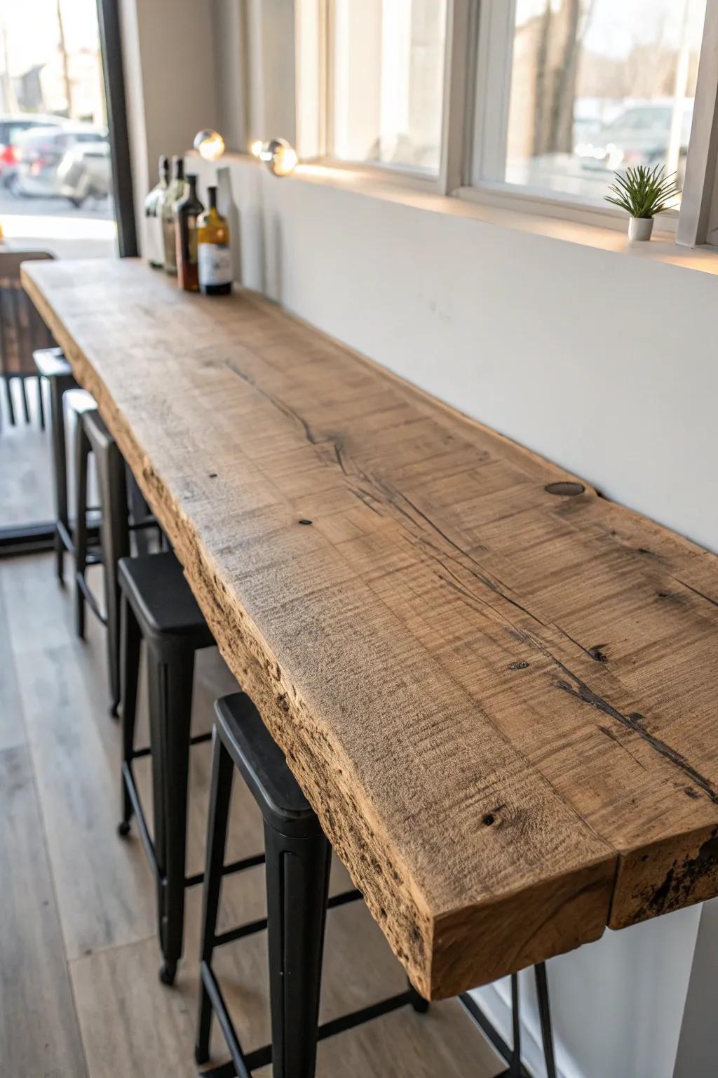 A thick reclaimed-wood bar top—softly sanded, clear-sealed, and full of rustic character.