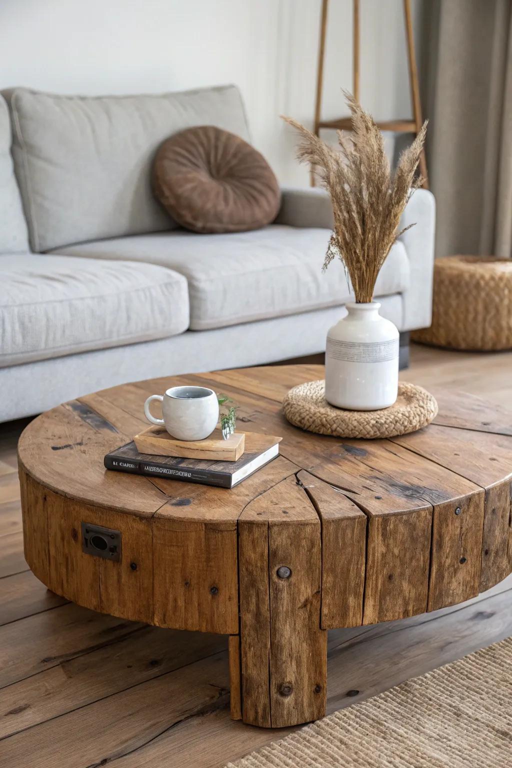 Grey sectional meets reclaimed wood warmth—rustic texture, saw marks, and cozy contrast.