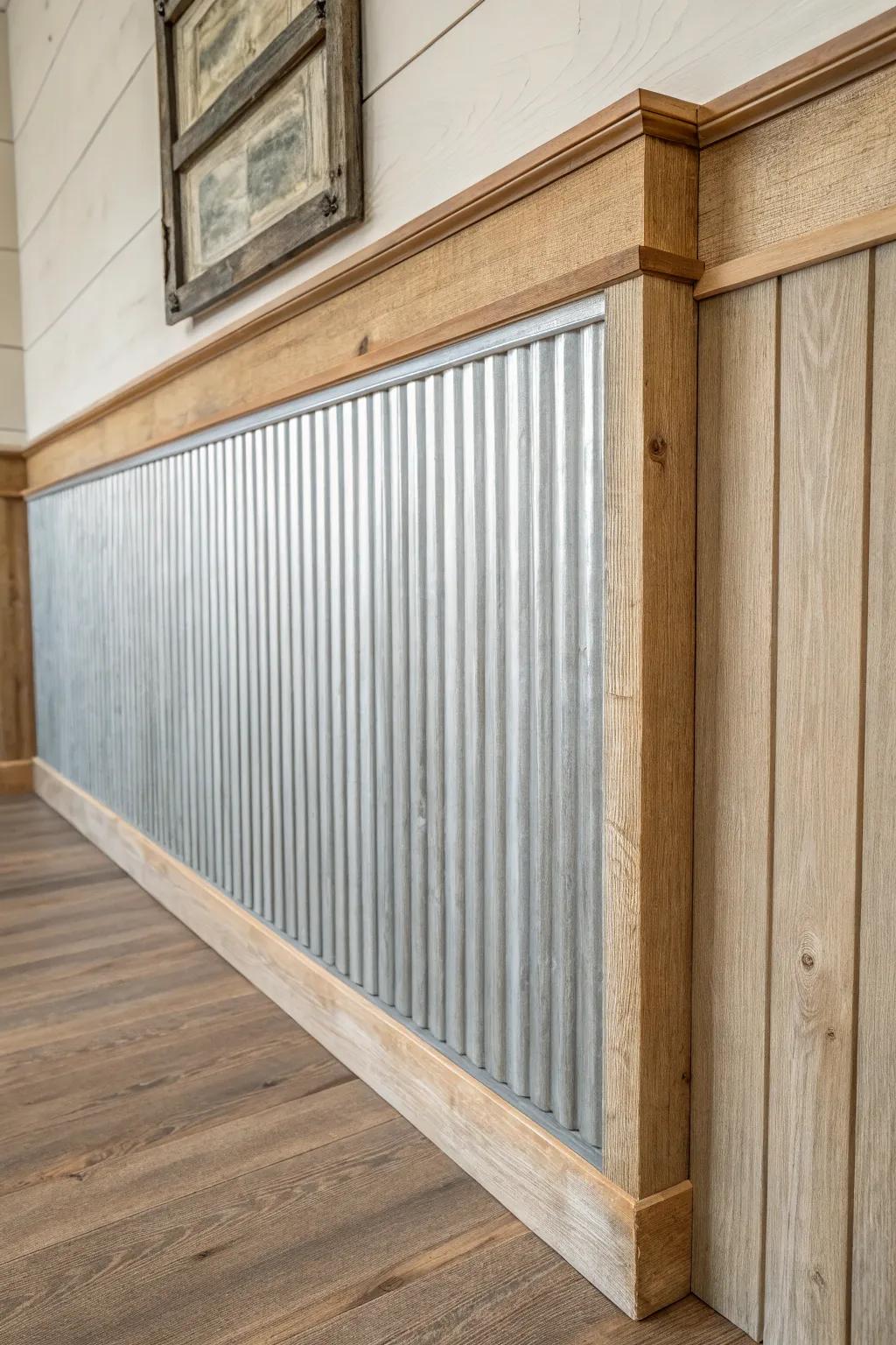 Classic corrugated tin wainscoting capped with a chunky wood chair rail—rustic, clean, durable.