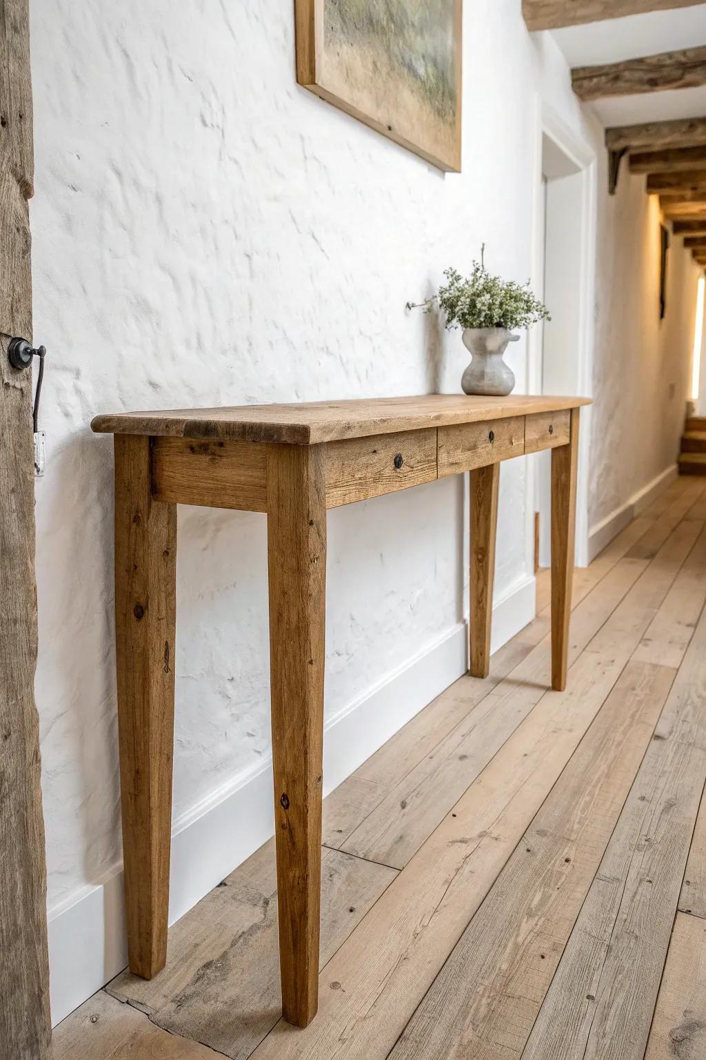 Slim reclaimed-wood console with honest saw marks—rustic charm without crowding the hallway.