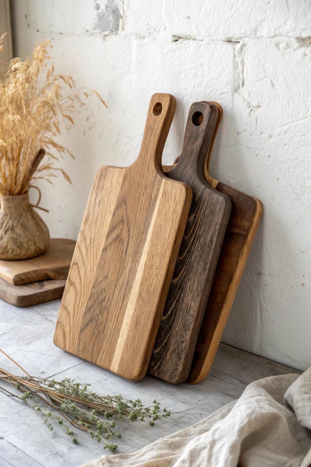 Layer warm wood tones with a rustic cutting board stack for instant cozy kitchen depth.