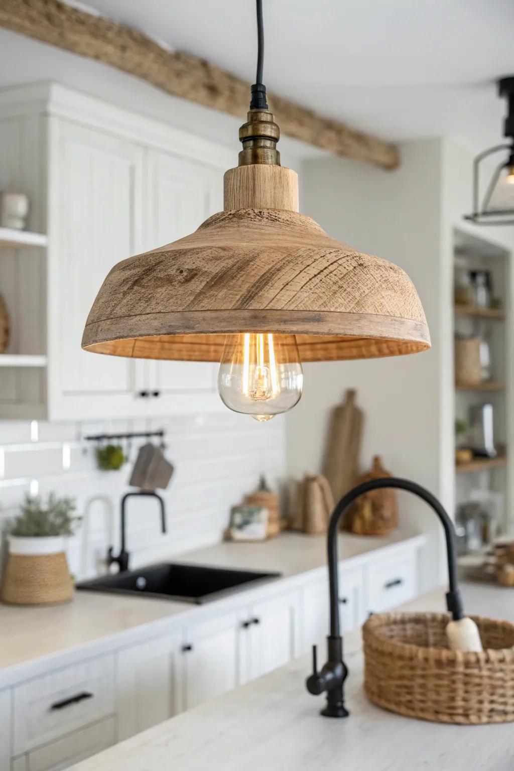 Classic rustic pendant light with warm glow—makes oak grain look rich over any island.