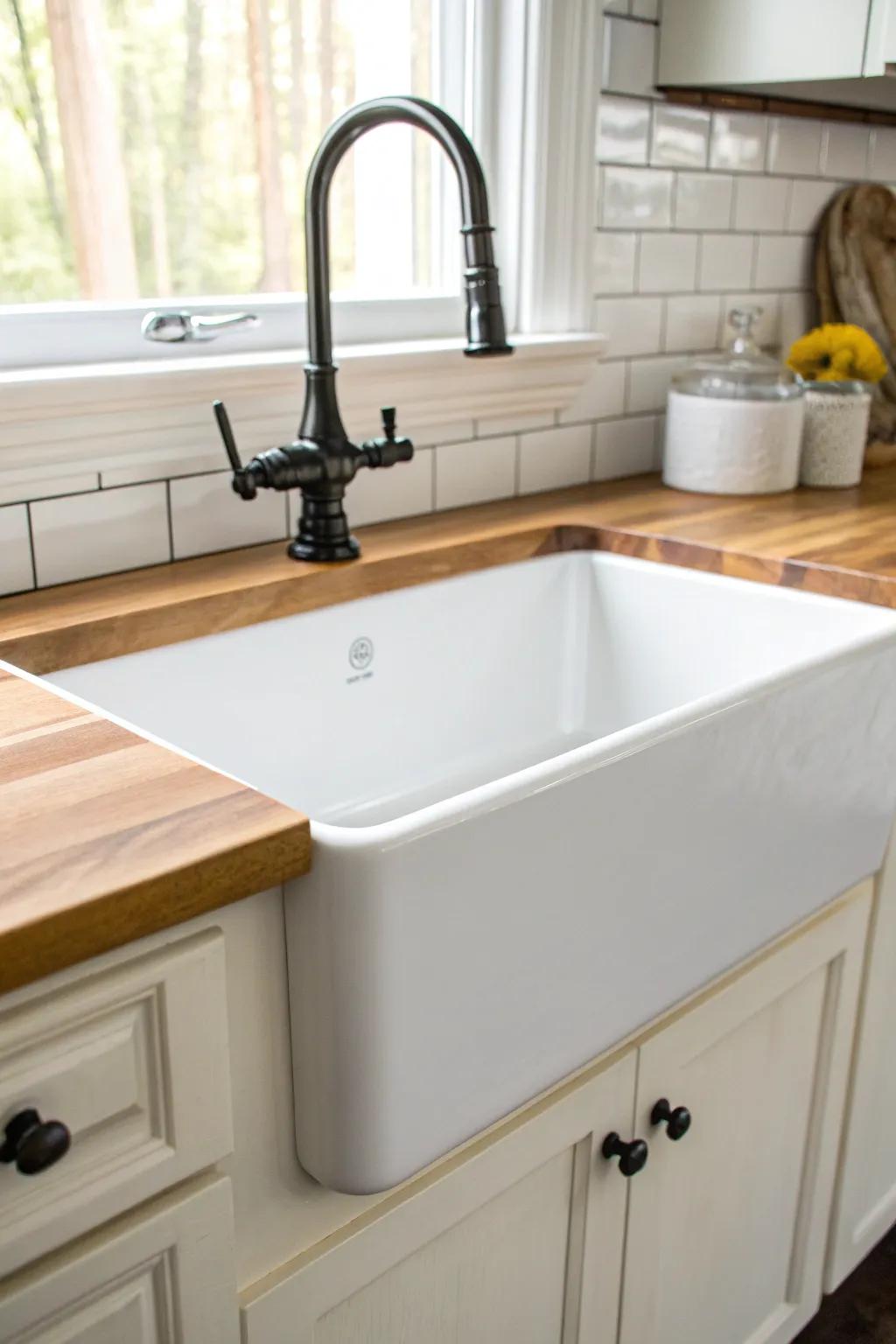 Classic white apron-front sink meets honey butcher block—clean, cozy, and beautifully rustic.
