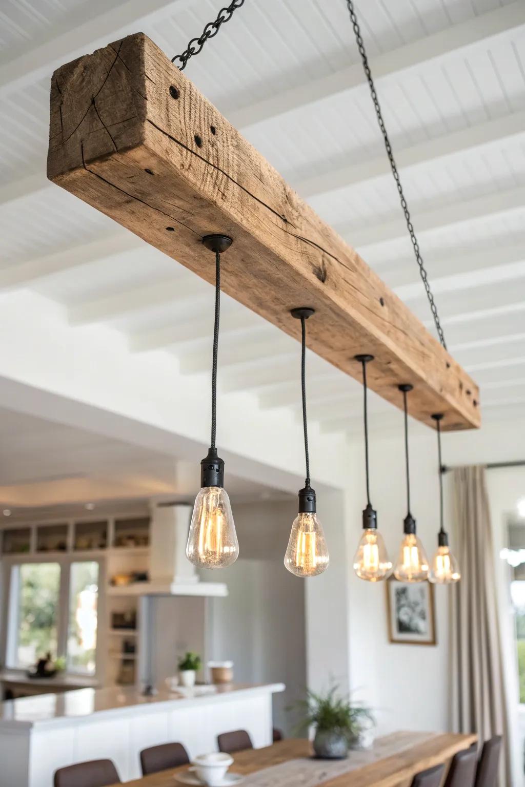 Chunky reclaimed beam + warm filament drops—minimal, rustic, and perfect over a long table.