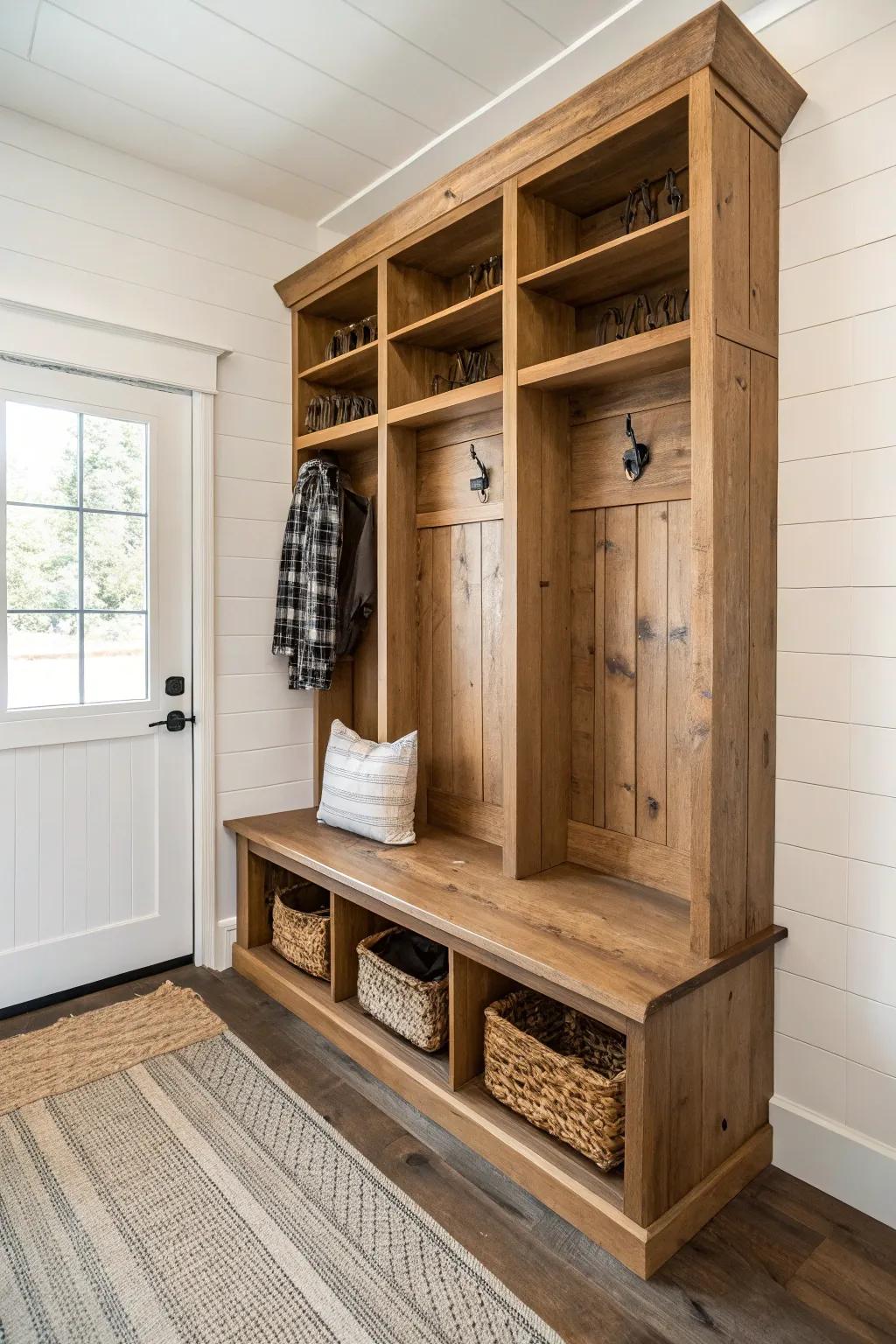 Locker-style cubbies with a sturdy reclaimed-wood bench—rustic mudroom storage, Scandinavian calm.