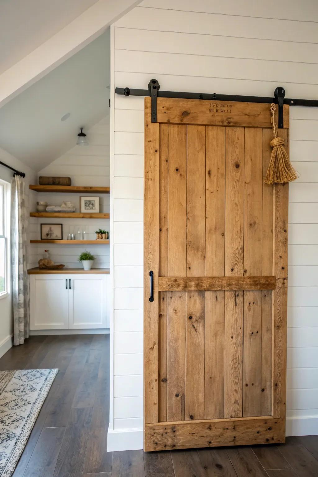Rustic sliding barn door—knotty wood and black rail for instant farmhouse pantry charm.