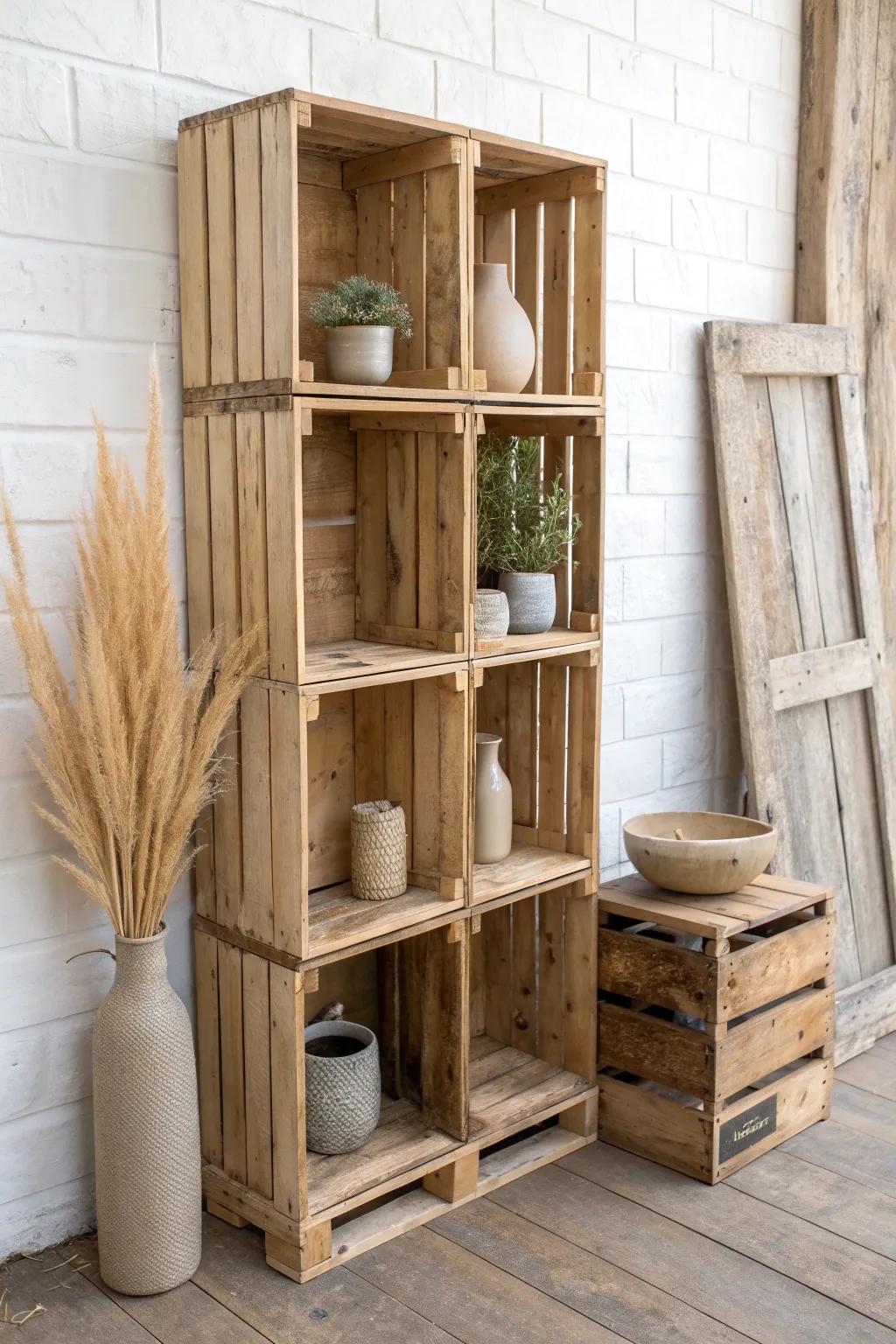Stacked wooden crate wall—modular, rustic, and perfectly minimal for boutique-style displays.