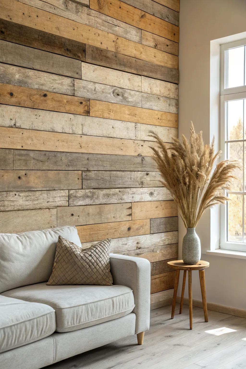 A reclaimed rustic shiplap wall that anchors the living room with warm, natural texture.