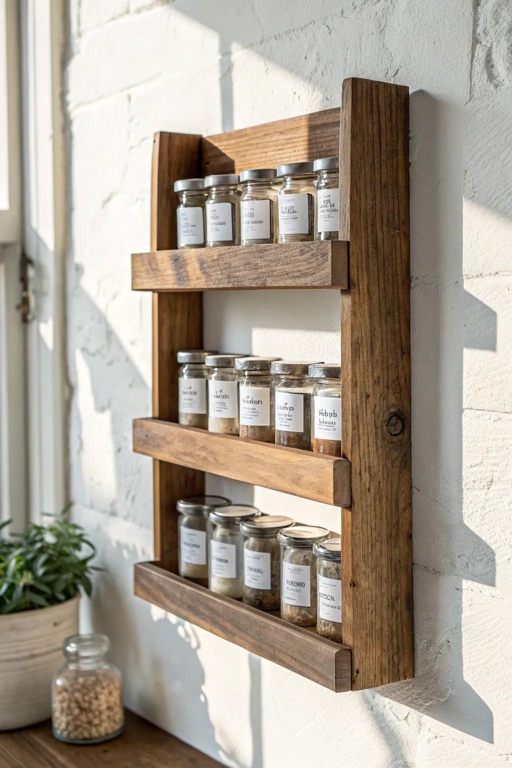 A timeless tiered spice rack in reclaimed wood—farmhouse warmth with clean, minimalist lines.