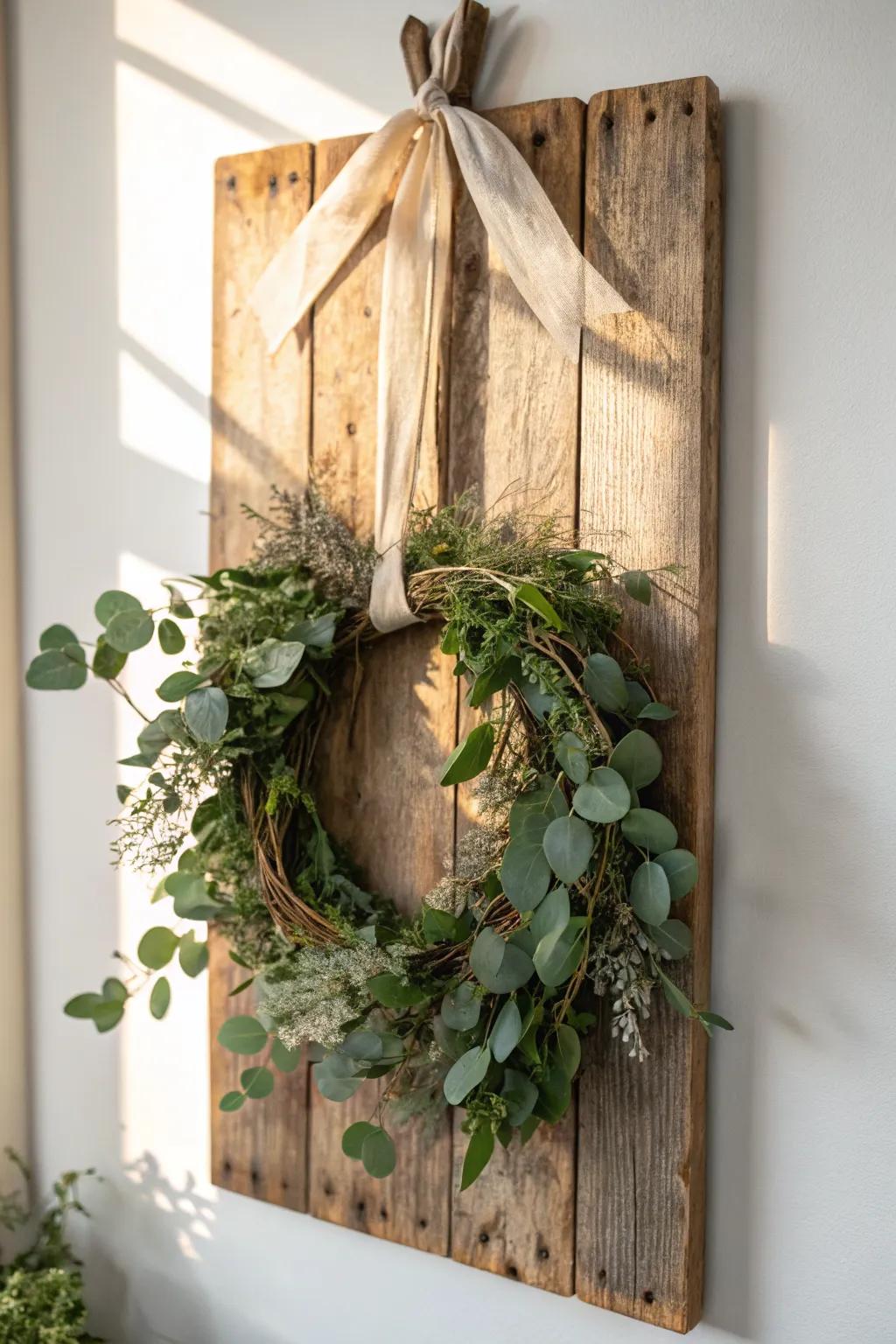 A simple greenery wreath on reclaimed wood—rustic, spring-ready, and beautifully minimal.