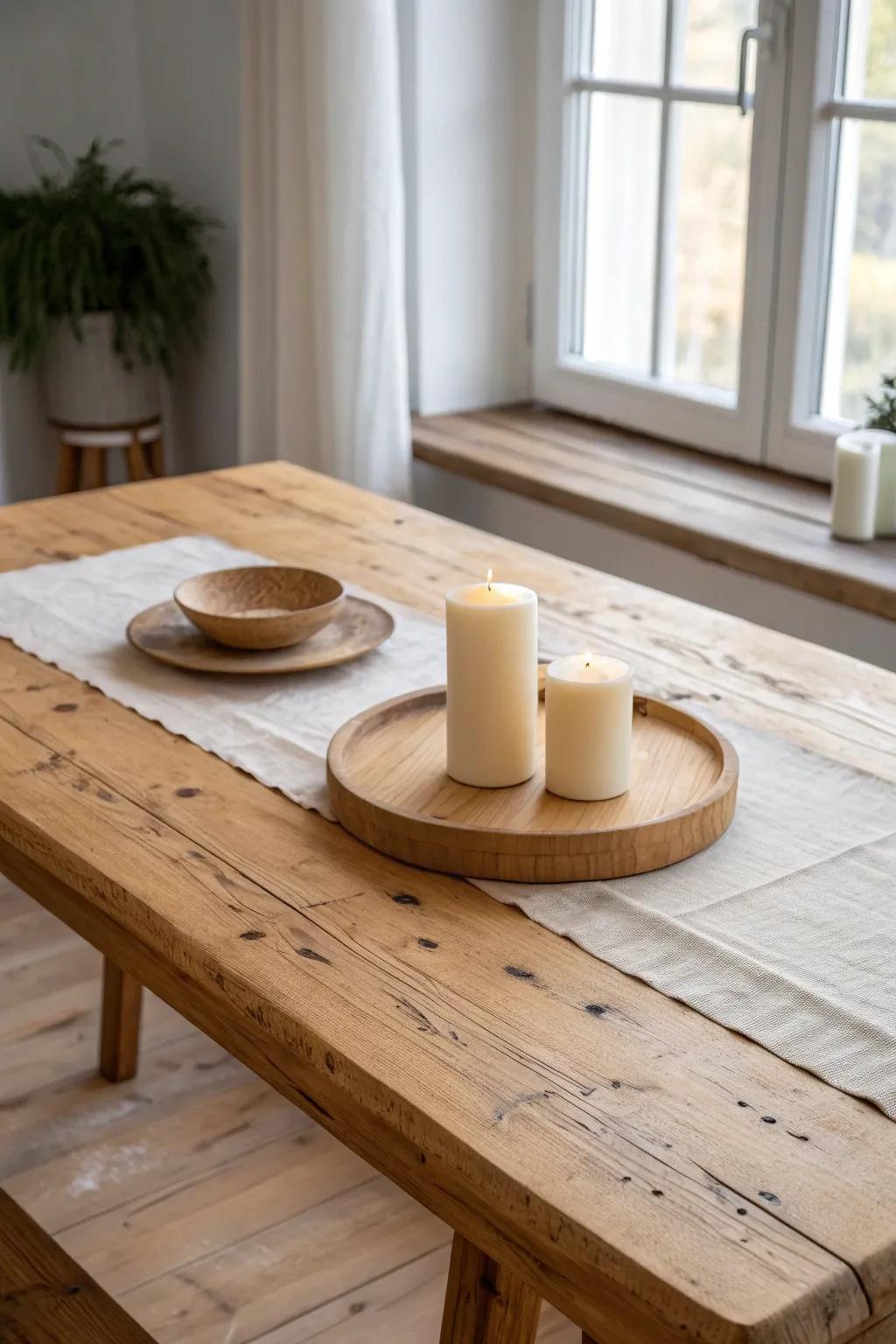 Bare wood, soft neutral candles, and nothing else—let the grain be the rustic centerpiece.