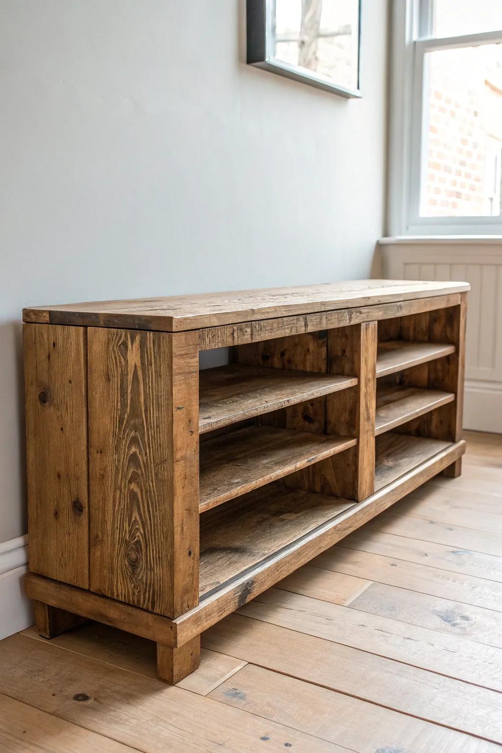 Reclaimed-wood open-shelf console: rustic grain, clean lines, and airy minimalist style.