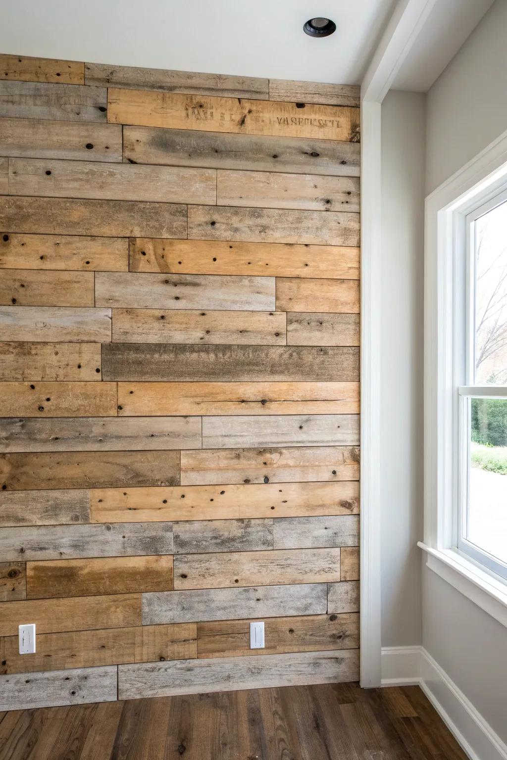 Reclaimed wood plank accent wall: cozy knots, nail holes, and rustic beauty in calm neutrals.