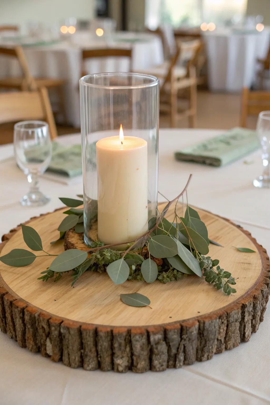 Wood slice, glass hurricane, and ivory pillar candle with eucalyptus—simple rustic romance.