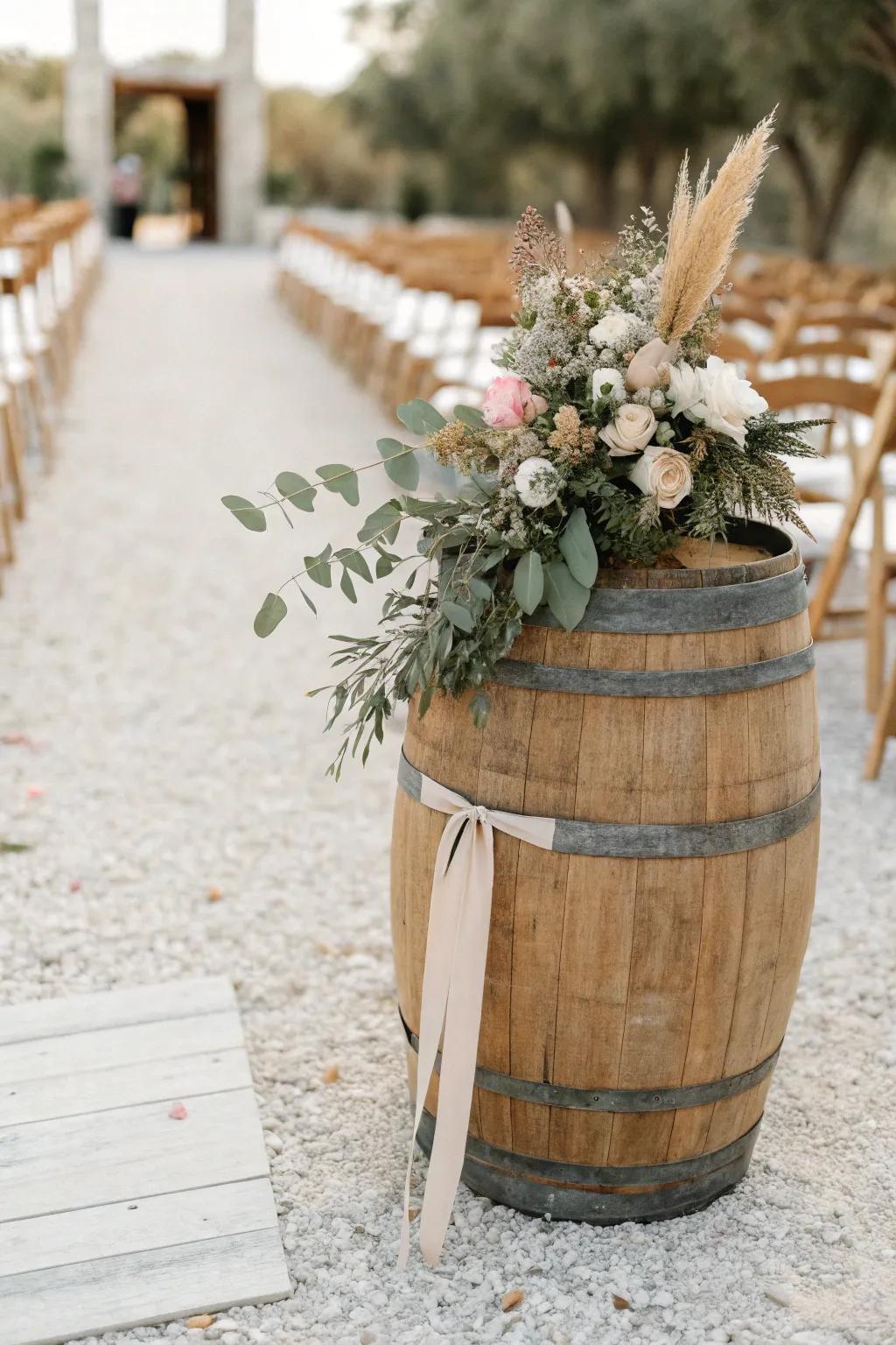 Aisle entrance made simple: one rustic wine barrel with soft florals for a dreamy first moment.