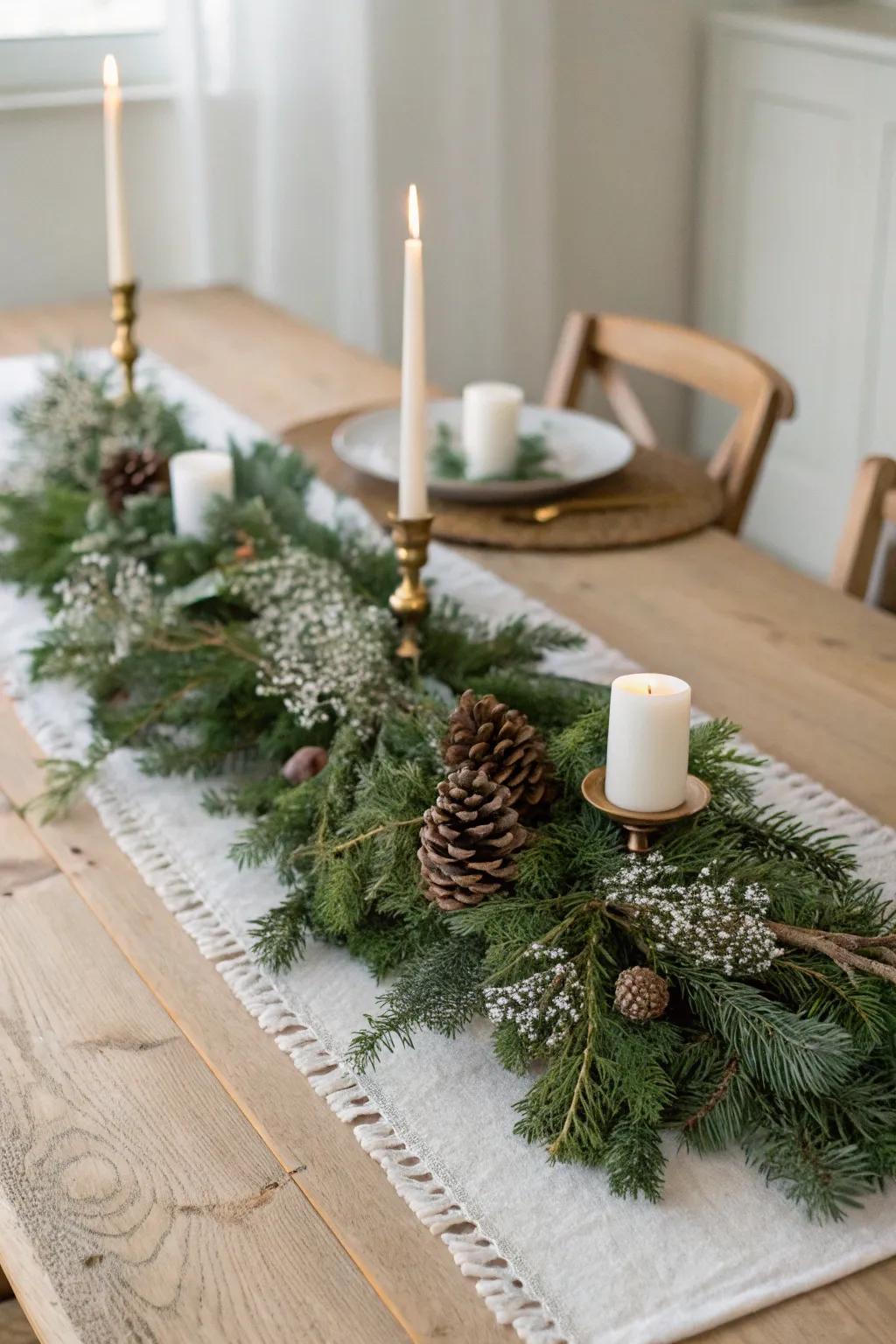 Evergreen garland table runner with pinecones and warm candlelight for rustic winter romance.