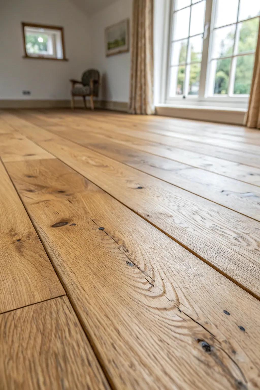 Wide plank rustic oak flooring—warm grain, calm seams, and a room-expanding feel.